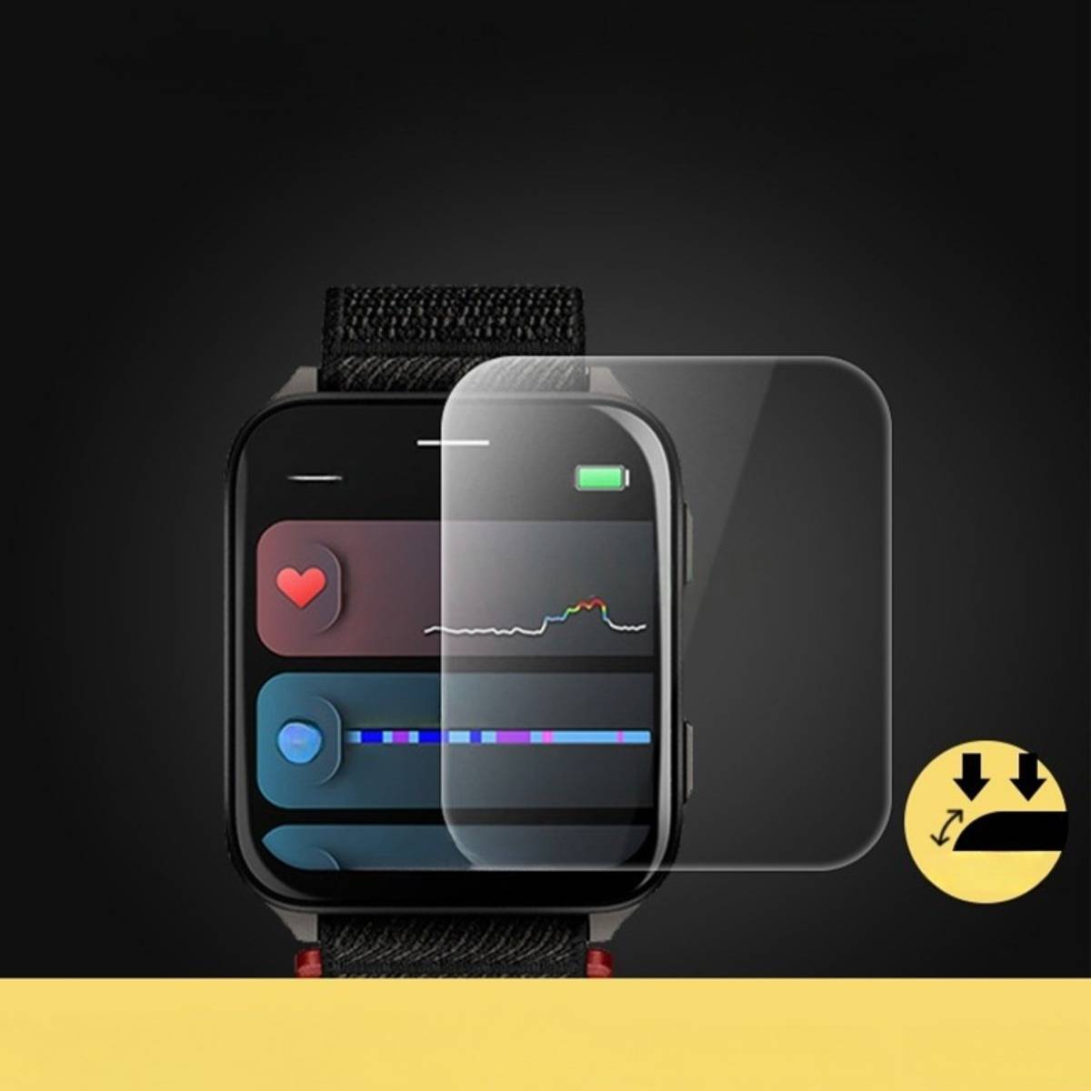 Smartwatch-Bildschirm mit einer halbtransparenten Schutzhülle, die darüber ausgerichtet ist, plus ein gelbes Symbol zum Installieren/Entfernen mit Pfeilen.