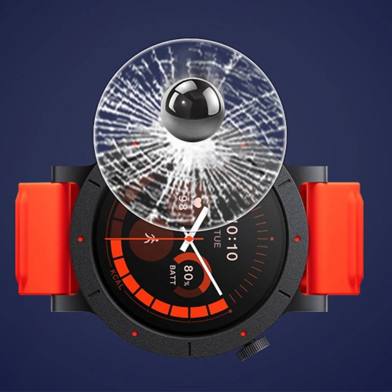 Eine Smartwatch mit einem gerissenen Schutzglasabdeckung über einem schwarzen Display und leuchtend roten Riemen auf dunkelblauem Hintergrund.
