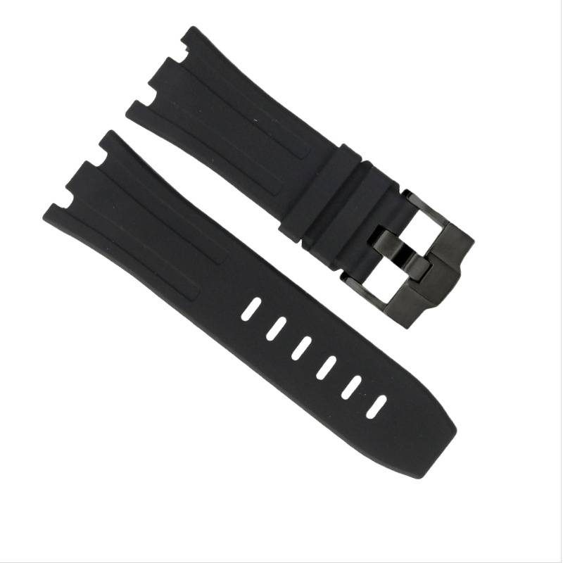 Schwarzes Gummi-Uhrenarmband mit Metallschnalle, auf weißem Hintergrund in zwei separate Teile unterteilt dargestellt.