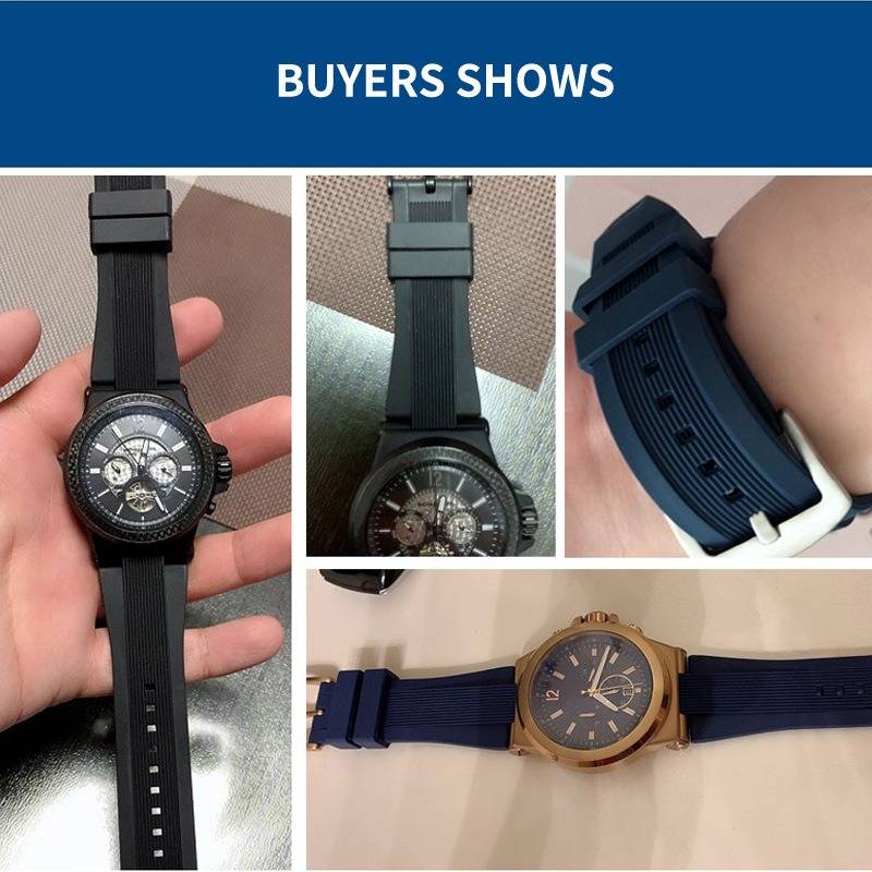 Collage mit dem Titel „BUYERS SHOWS" mit vier Kundenfotos von Armbanduhren mit schwarzen, blauen und goldenen Gehäusen und Armbändern an Händen oder auf Oberflächen.