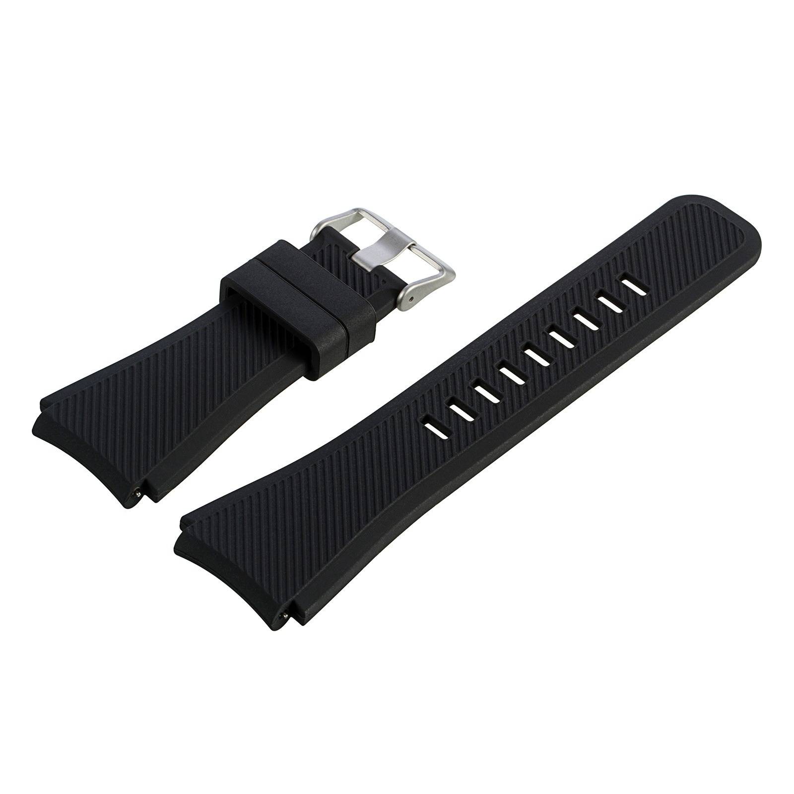 Schwarzes Silikon-Uhrenarmband mit silberner Schnalle, dargestellt in zwei separaten Riemenstücken auf weißem Hintergrund.