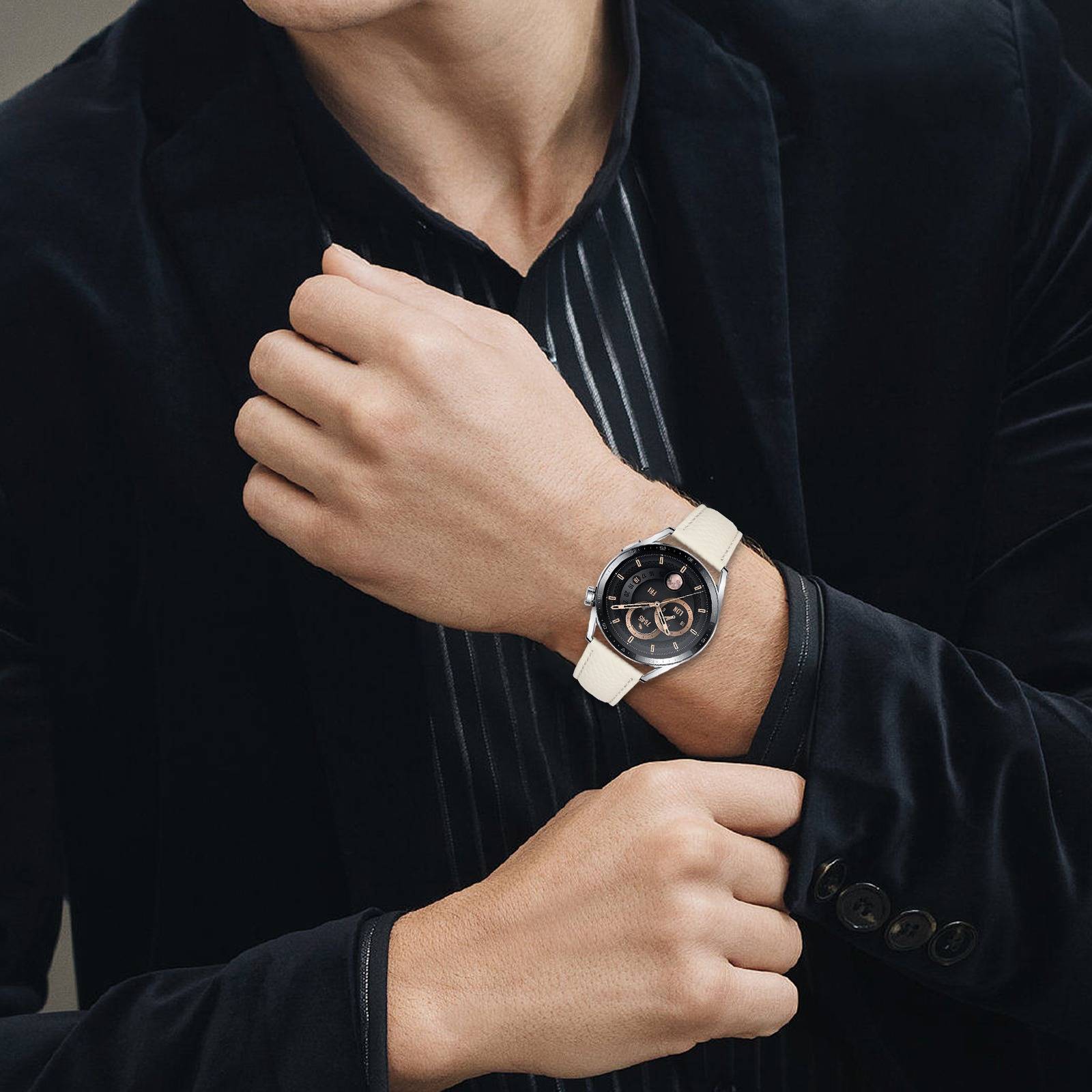 22MM Kompatibel mit Samsung S3 und Huawei GT Serie Echtes Leder Uhrenarmband mit Litchi-Muster, Braun Apricot