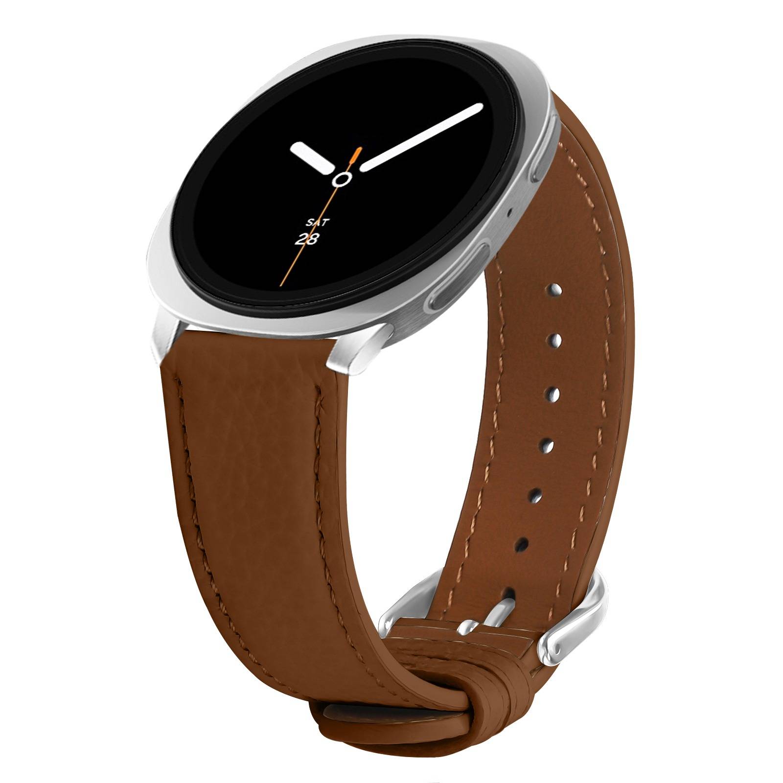Runde silberne Smartwatch mit schwarzem Analogzifferblatt und braunem Lederarmband auf weißem Hintergrund.