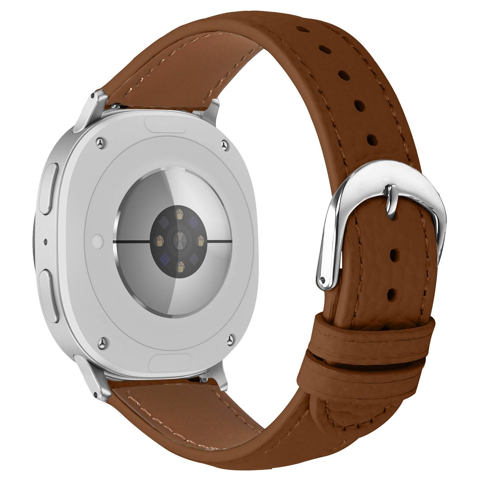 Rückansicht einer silbernen Smartwatch mit braunem Lederarmband und Schnalle, die den kreisförmigen Sensor auf der Unterseite des Gehäuses zeigt.