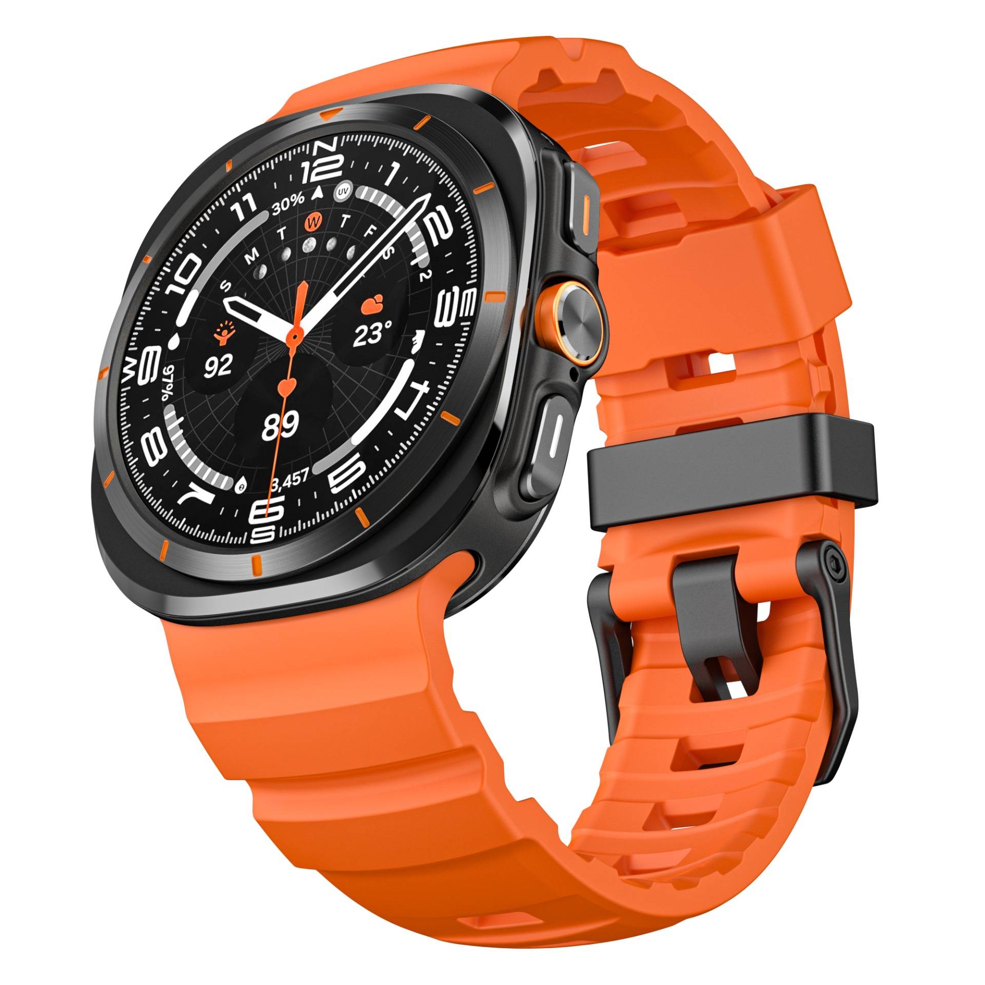 Orange-Smartwatch mit schwarzem rundem Zifferblatt, analog-digitalem Display und orangefarbenem Silikonarmband auf weißem Hintergrund.