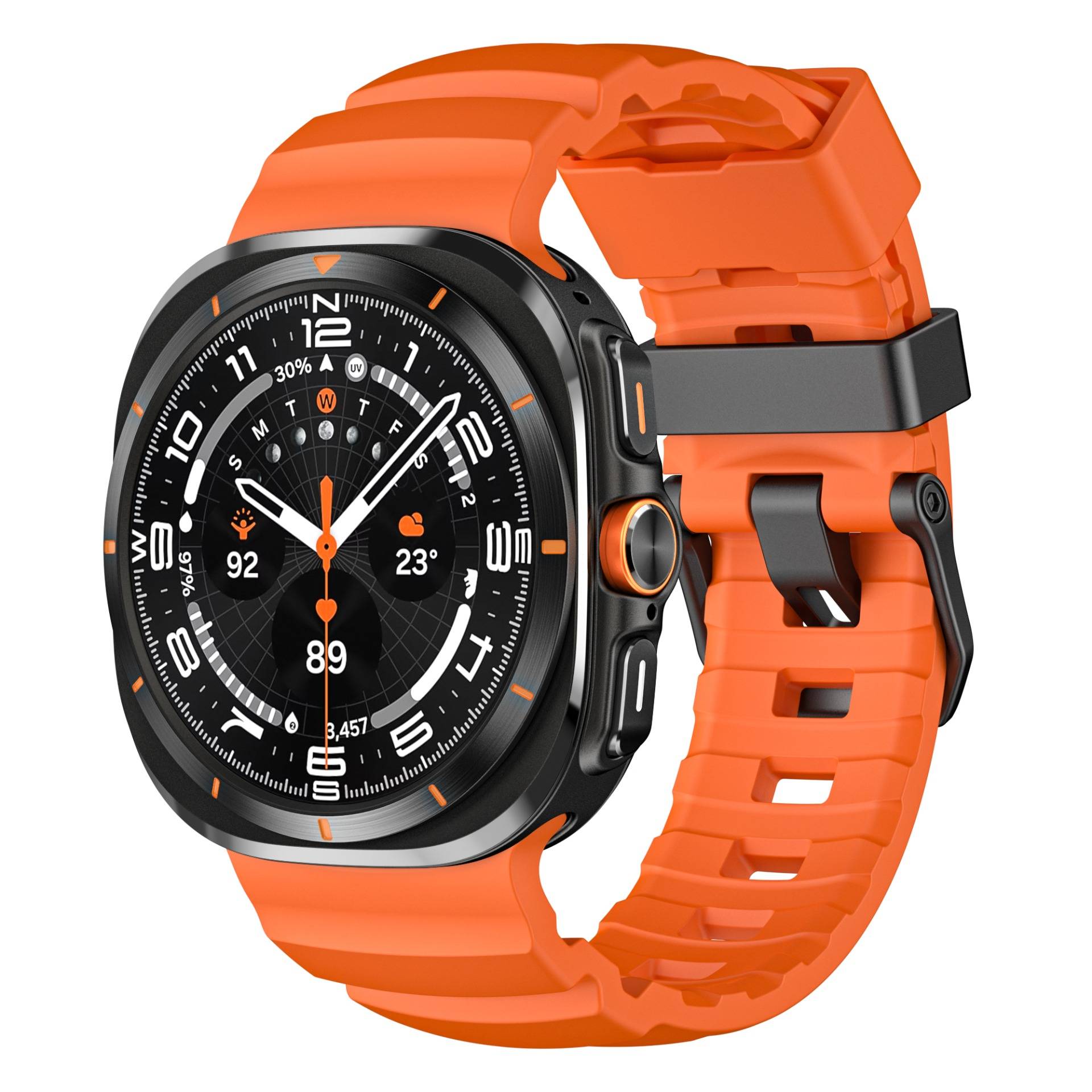 Orange-schwarze Smartwatch mit rundem Digitaldisplay und Silikonarmband, das Gesundheits- und Fitnesswerte auf dem Zifferblatt anzeigt.