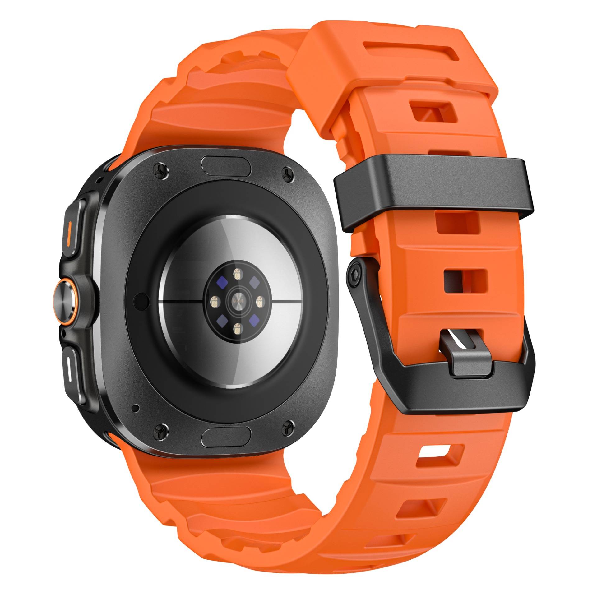 Orange robuste Smartwatch mit schwarzem Gehäuse und rundem Sensor auf der Rückseite, vor weißem Hintergrund dargestellt.