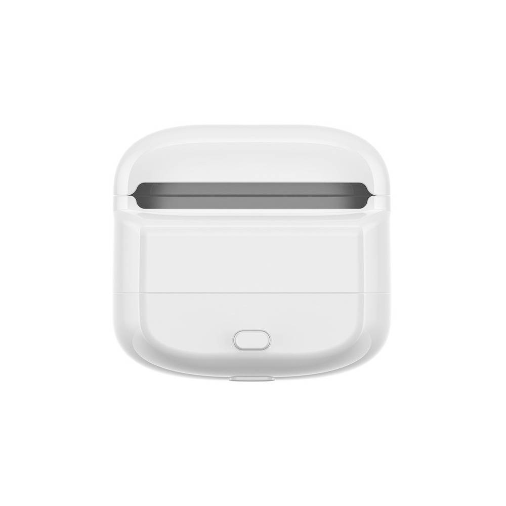 Weißes kabelloses Earbud-Ladeetui, geschlossen, auf einfachem weißem Hintergrund dargestellt.