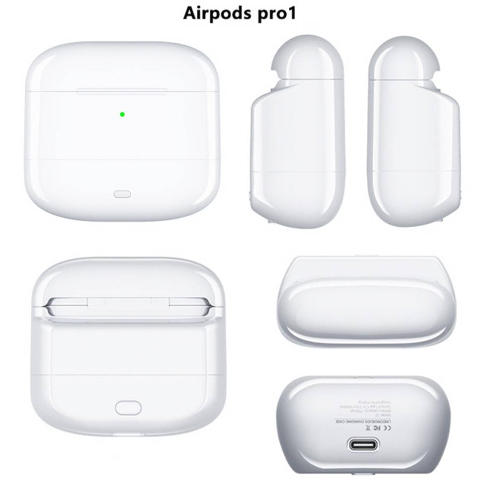 AirPods Pro 1 in mehreren Ansichten dargestellt: Ladehülle von vorne, von der Seite, offenes Inneres, Unterseite mit USB-C-Anschluss und Ohrhörer von vorne und von der Seite.