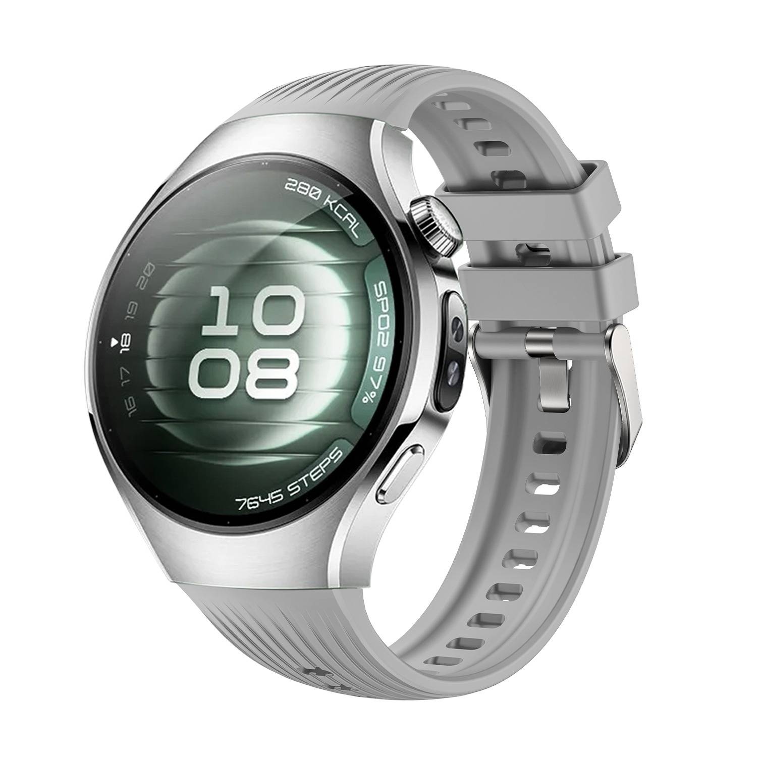 Silberne runde Smartwatch mit grauem Silikonarmband, zeigt 10:08 und Fitnessdaten rund um das Display an.