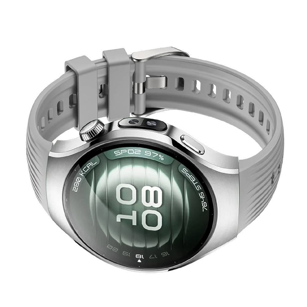 Silberne runde Smartwatch mit grauem Silikonarmband, zeigt ein digitales Display mit der Uhrzeit „10:00" und Akkuladestand bei 27%.