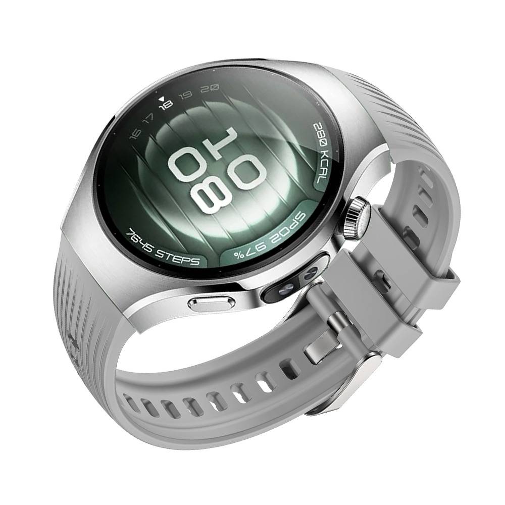 Silberne runde Smartwatch mit grauem Armband, mit digitalem Display, das Schritte, Kalorien und Zeitanzeigen anzeigt.