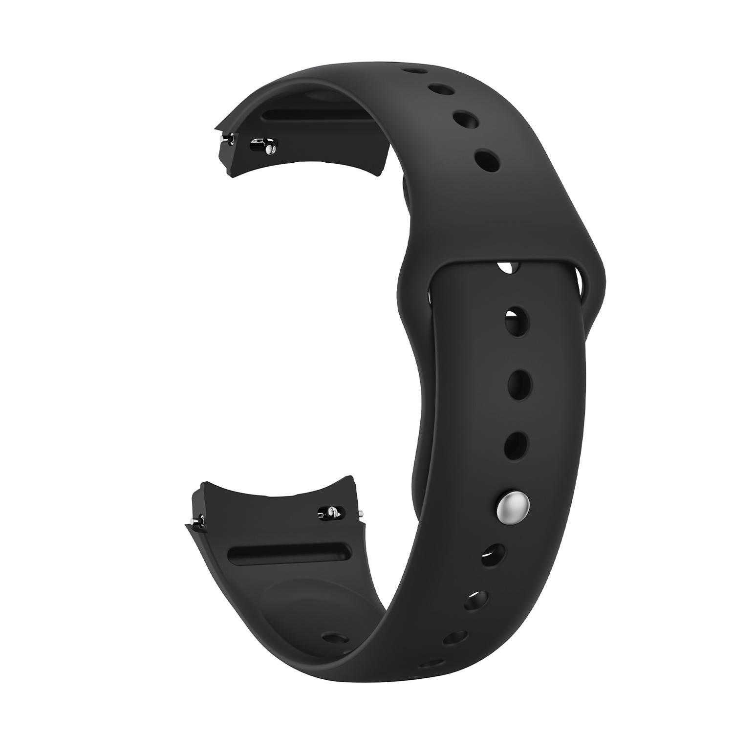 Schwarzes Silikon-Smartwatch-Armband mit perforierten Löchern und Metallschnalle, isoliert auf weißem Hintergrund dargestellt.