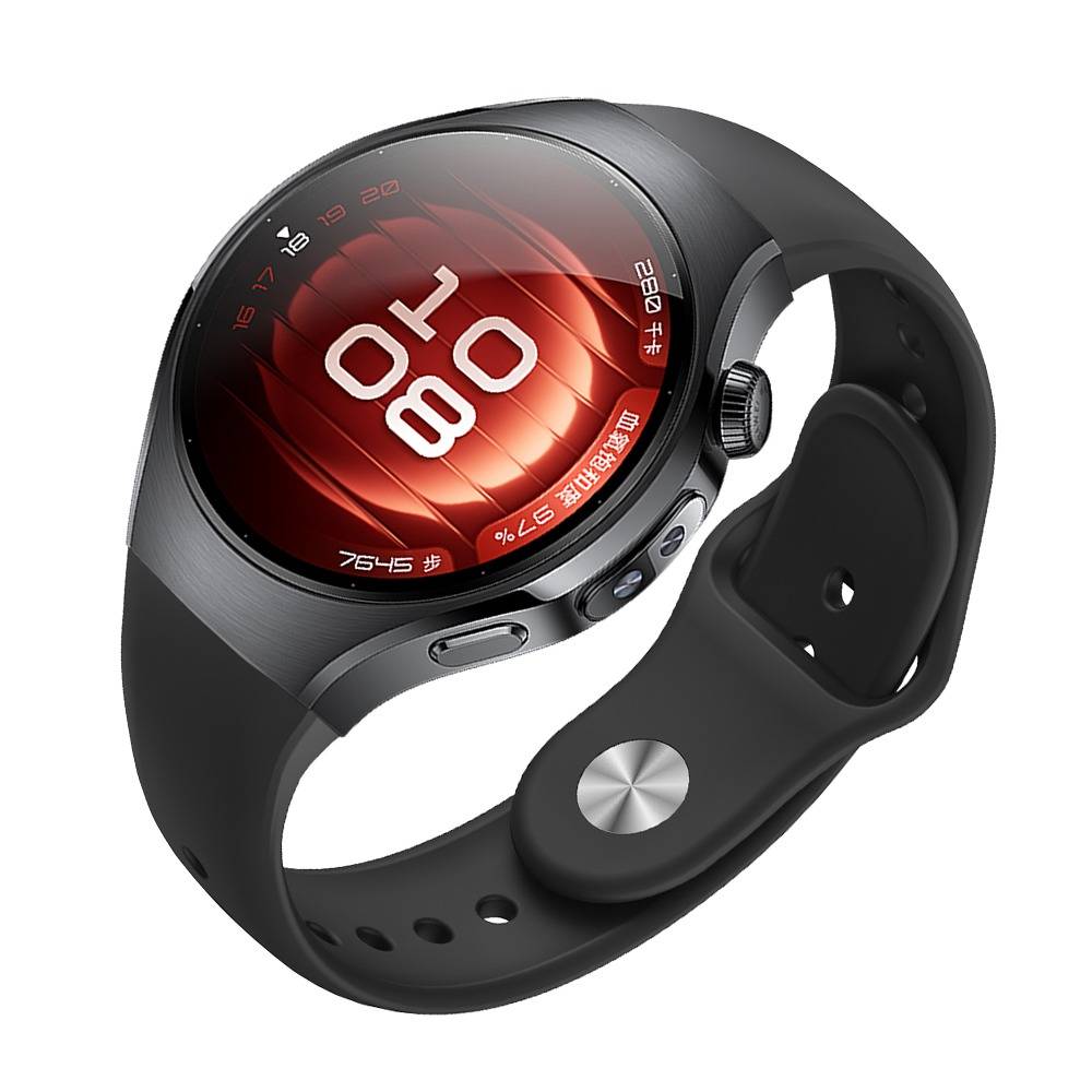 Schwarze Smartwatch mit rundem rotem digitalem Display, das 08:08 anzeigt, und einem Silikonarmband auf weißem Hintergrund.