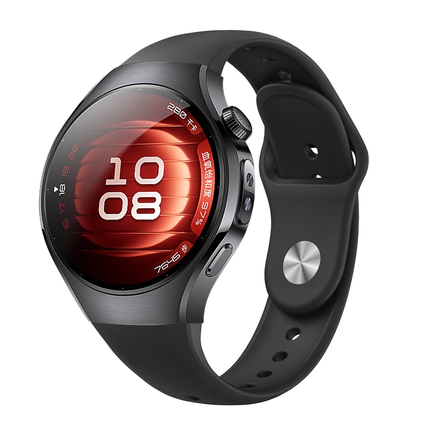 Schwarze Smartwatch mit rundem Display, das 10:08 anzeigt, schwarzes Silikonarmband, Seitentasten und rotes digitales Zifferblatt auf weißem Hintergrund.