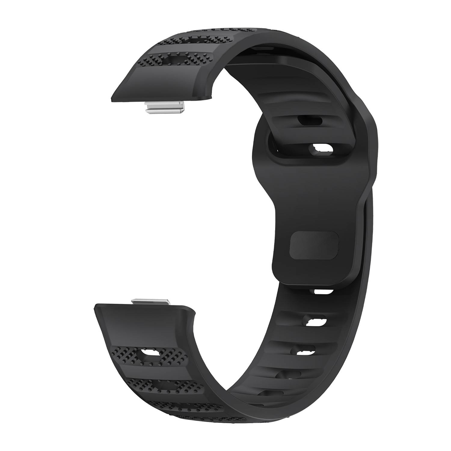 Schwarzes Fitness-Uhrenarmband mit offener Schließe und perforierten Riemenenden auf weißem Hintergrund.