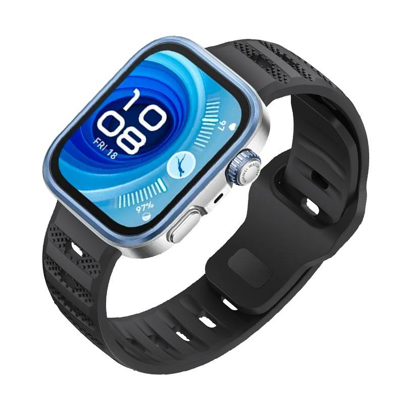 Schwarze Smartwatch mit quadratischem blauem Display, zeigt 10:08, FR 18 und 97% Akkuladung, auf schwarzem Armband.
