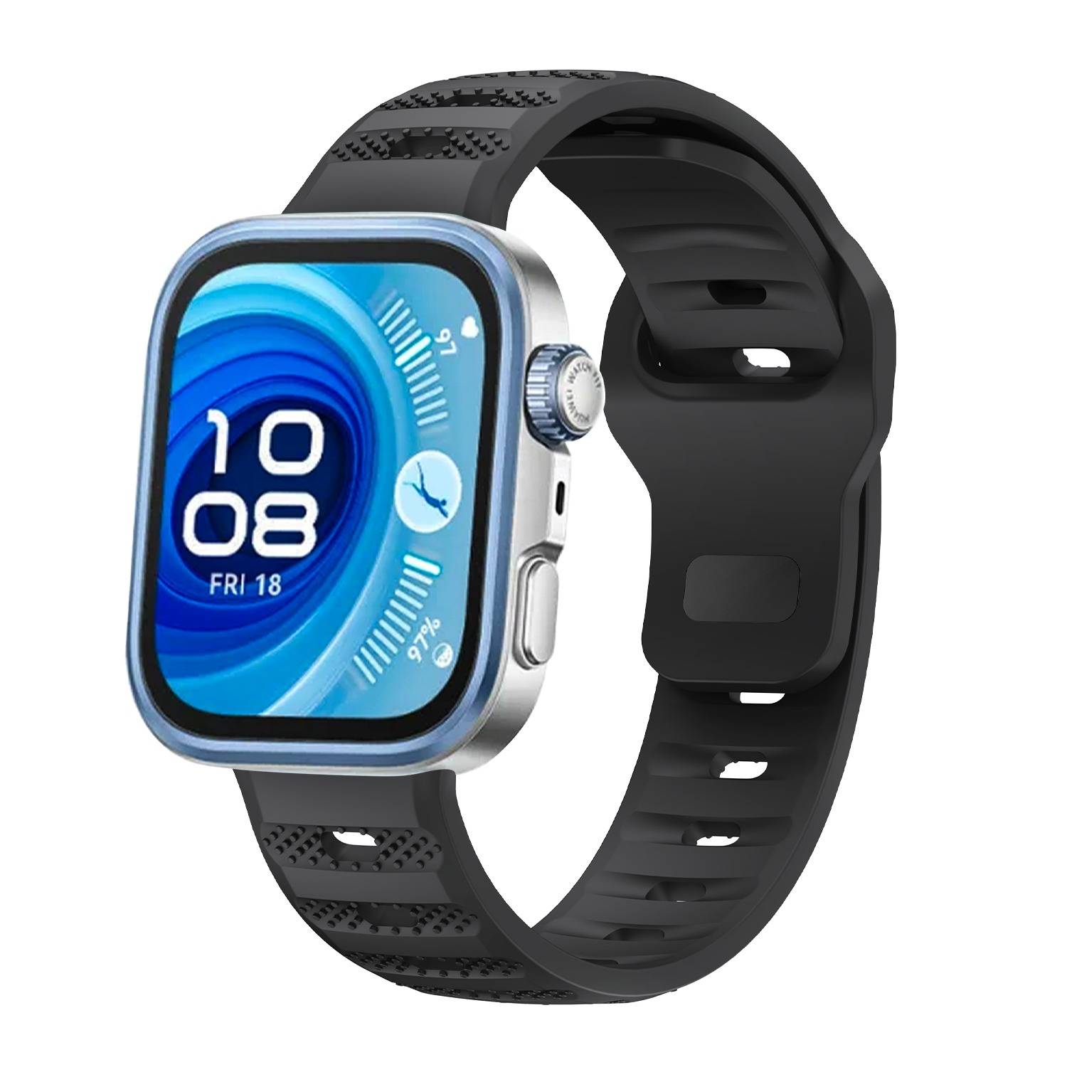 Smartwatch mit blauem digitalem Display, silbernem Gehäuse und schwarzem perforierten Sportarmband auf weißem Hintergrund.