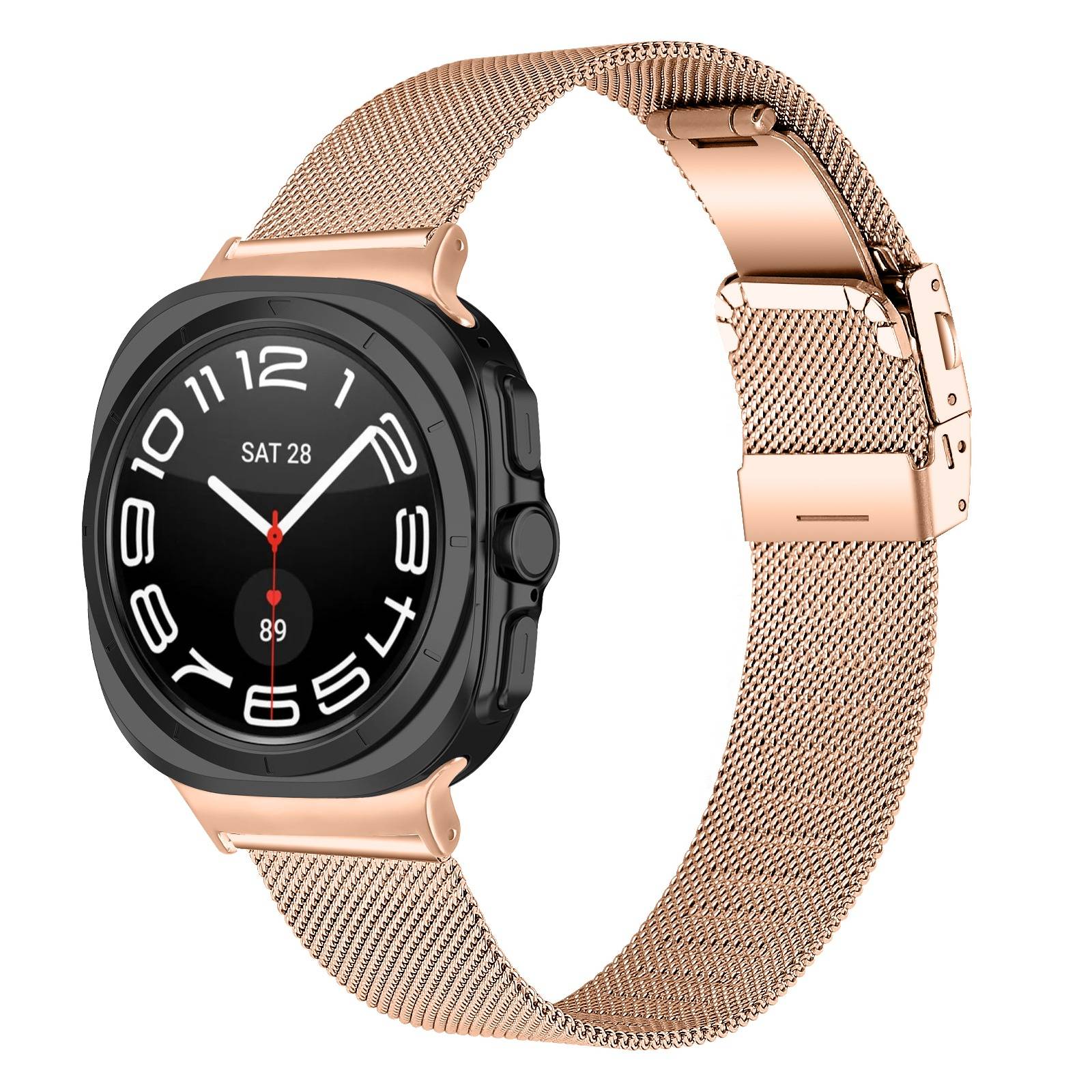Schwarze Smartwatch mit Roségold-Gehäuse und Netzarmband, dargestellt in einem produktstylistischen Bild auf weißem Hintergrund.