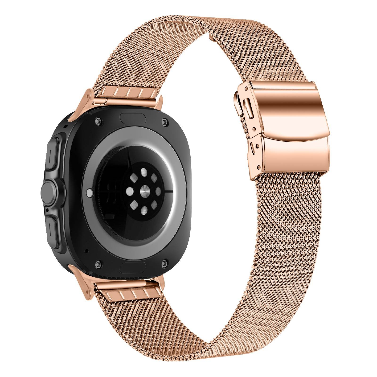 Rückseite einer schwarzen Smartwatch mit einem rosegoldenem Mesh-Armband auf weißem Hintergrund