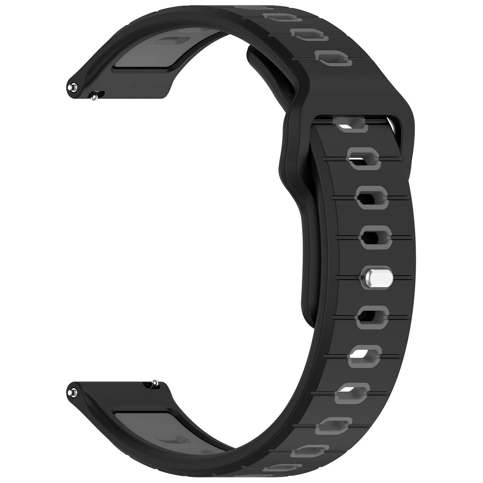 Schwarze Smartwatch- oder Fitness-Tracker-Armband mit gekrümmtem Gummiarmband und mehreren Verstellungslöchern, isoliert auf weißem Hintergrund dargestellt.