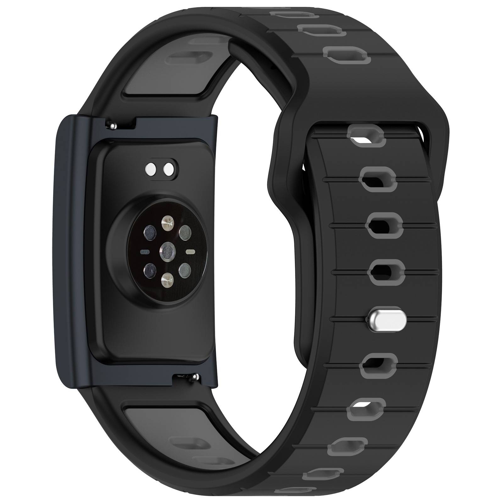 Schwarzes Fitness-Tracker-Armband mit rechteckigem Sensormodul und verstellbarem perforiertem Silikon-Armband.