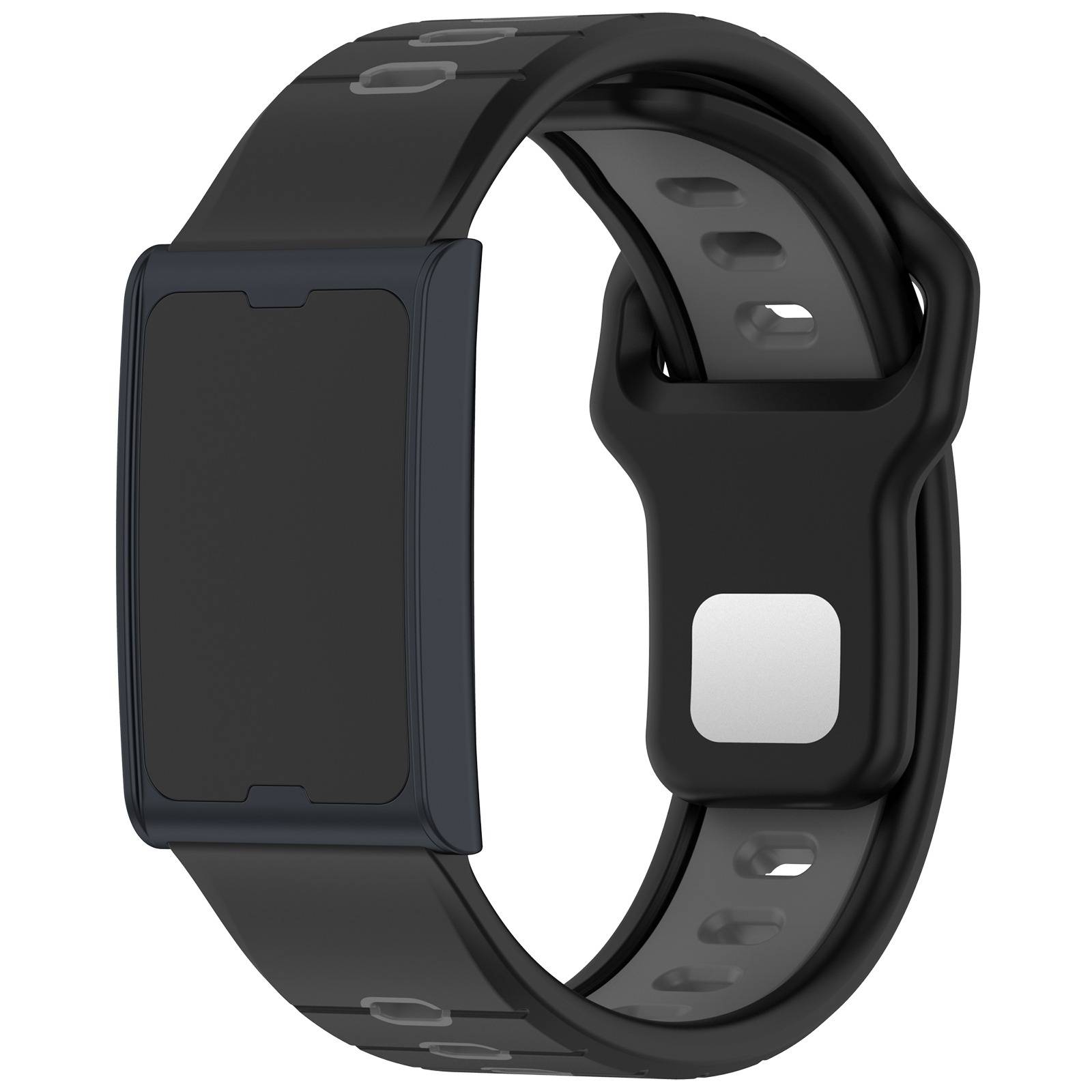 Schwarzes Fitness-Tracker-Armband mit rechteckigem leerem Display und verstellbarem perforiertem Riemen auf weißem Hintergrund.