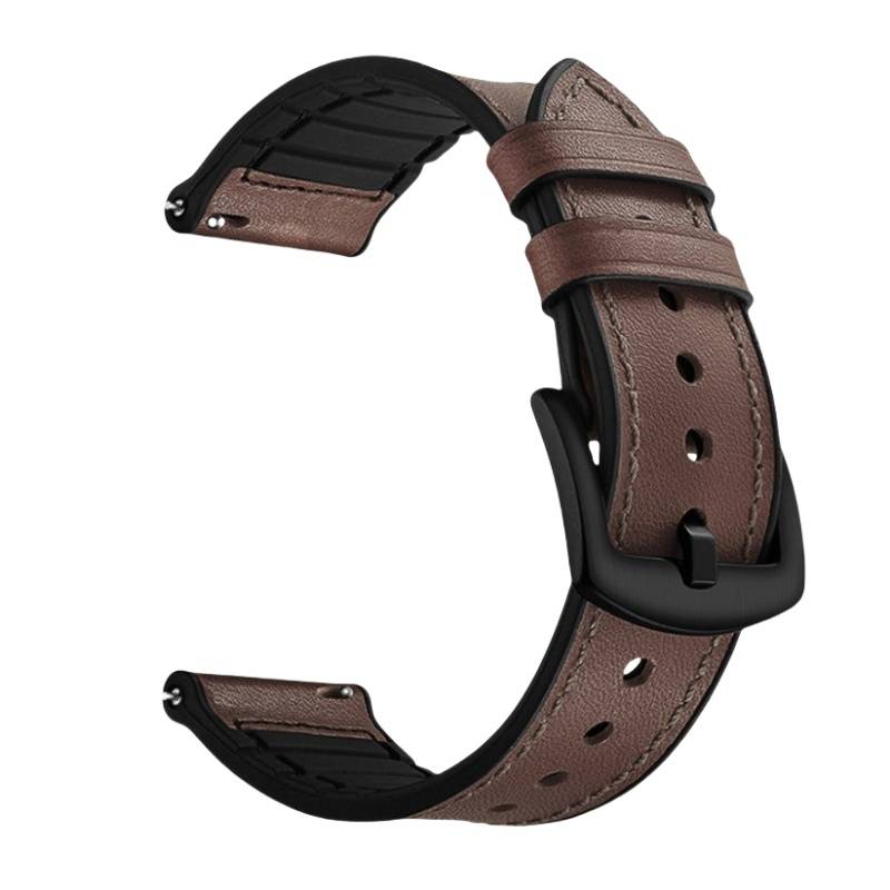 Braunes Lederarmband mit schwarzer Schließe und Schnalle, gezeigt in einer geschwungenen Schleife auf weißem Hintergrund.