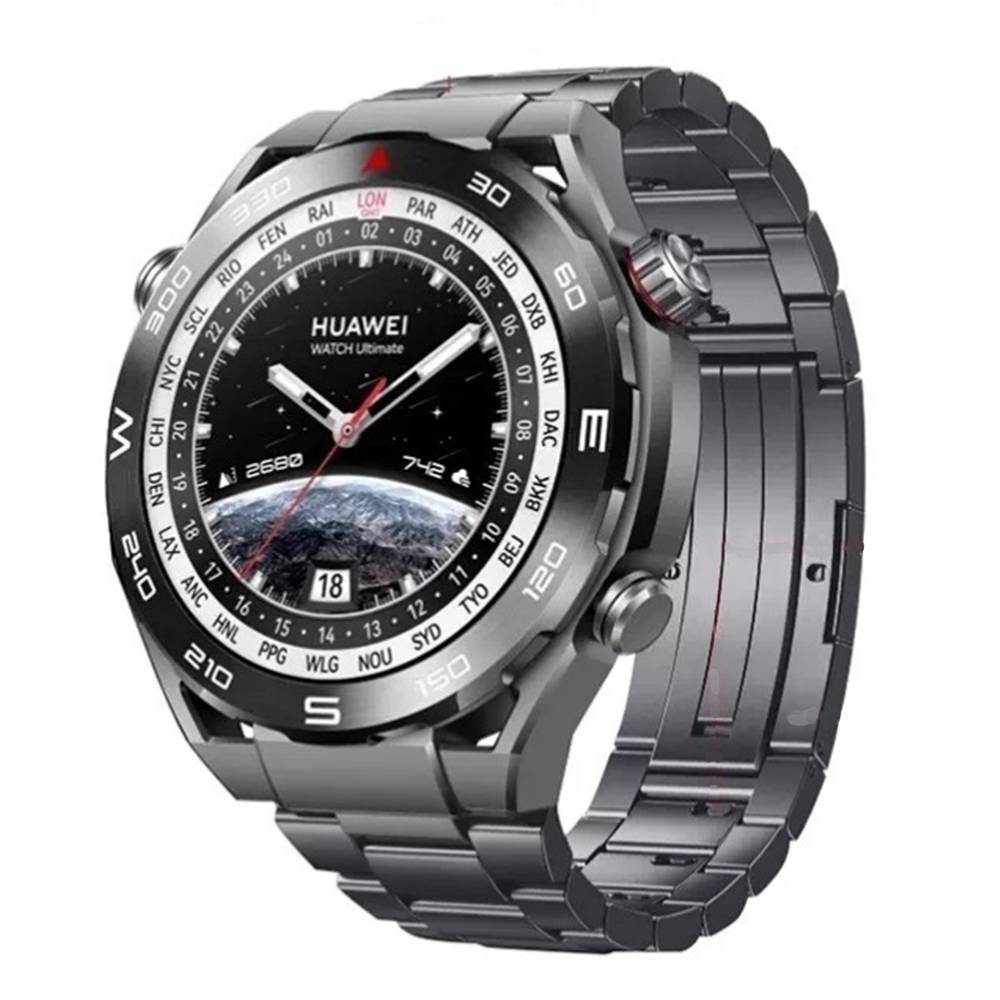 Schwarze Huawei Watch Ultimate mit analogem Zifferblatt, Weltzeit-Lünette, Datumsanzeige und Metallarmband, in perspektivischer Ansicht dargestellt.