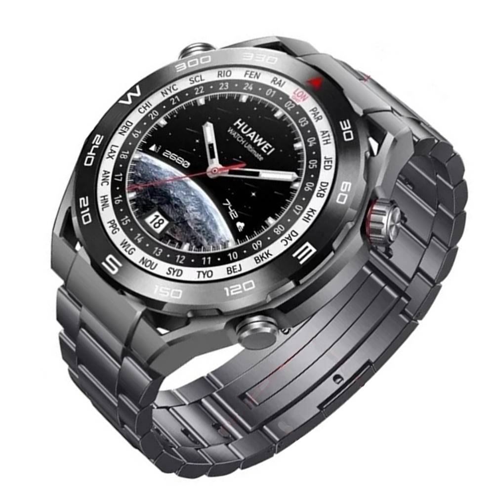 Huawei-Smartwatch mit Metallarmband und Weltzeit-Lünette, zeigt ein analoges Zifferblatt mit Erdgrafik und Datumsanzeige.