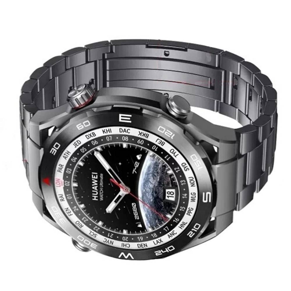 Schwarze Huawei-Armbanduhr mit Metallgliedband, analogem Zifferblatt, Datumsfenster und Weltzeitstadtring