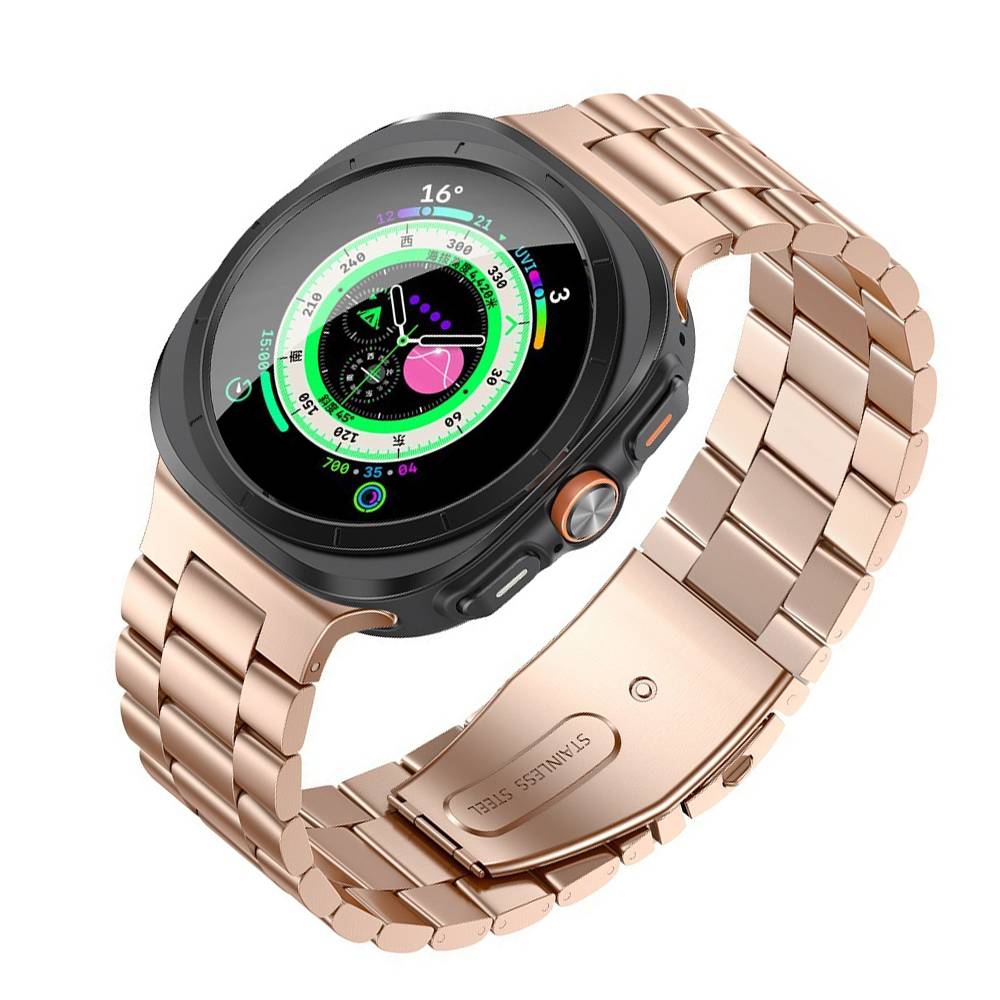 Roségold-Metallarmband für eine Smartwatch mit schwarzem Rundum-Gehäuse und farbenfrohem digitalem Zifferblatt, dargestellt auf weißem Hintergrund.
