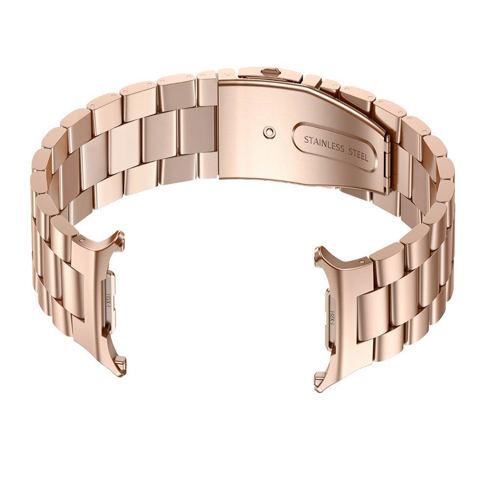Roségold-Edelstahluhrenarmband mit Faltschließe, offen auf weißem Hintergrund dargestellt.