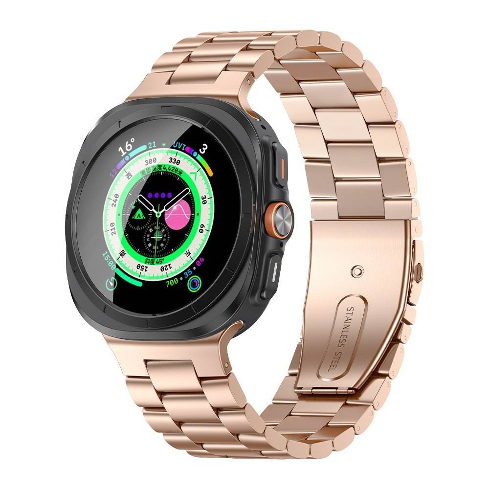 Roségoldene und schwarze Smartwatch mit rundem digitalen Display und Metallgliedband, schräg auf weißem Hintergrund dargestellt.