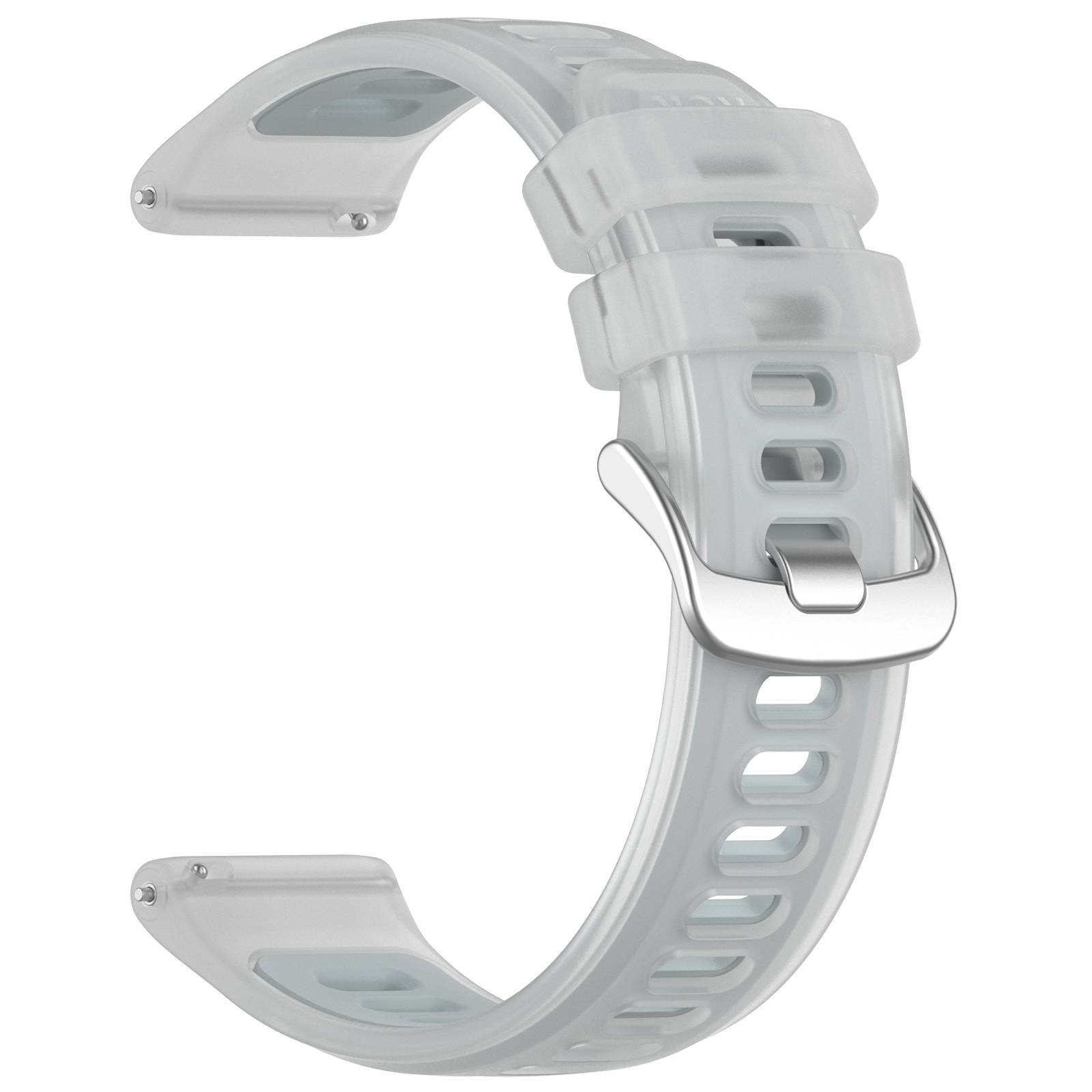 Nahaufnahme eines durchscheinenden grauen Uhrenarmband mit einer silbernen Schnalle und gebogenem Band, gezeigt auf weißem Hintergrund.