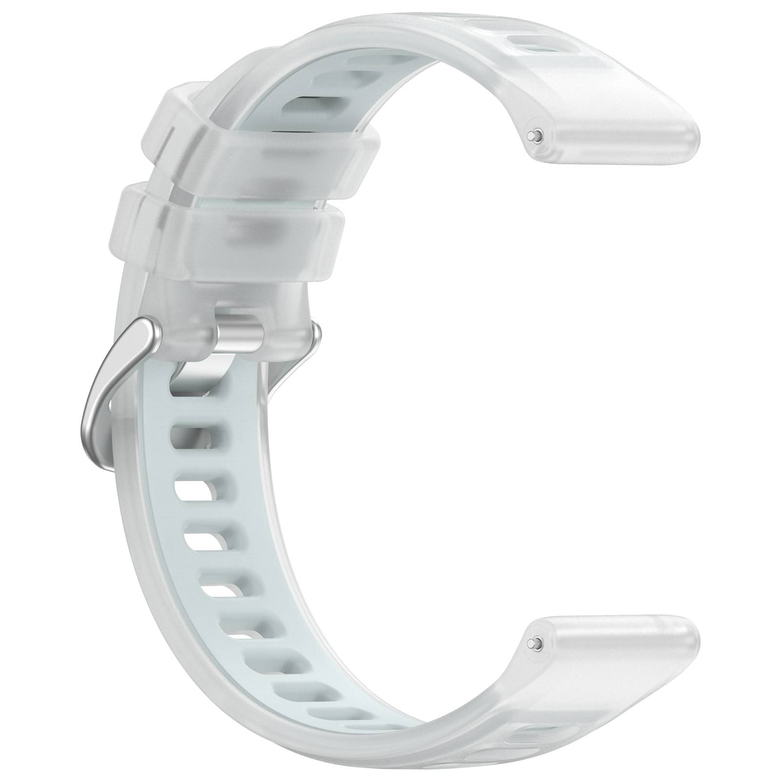 Transparentes gebogenes Smartwatch-Armband mit einer klaren Schnalle und verstellbaren Löchern, gezeigt auf weißem Hintergrund.