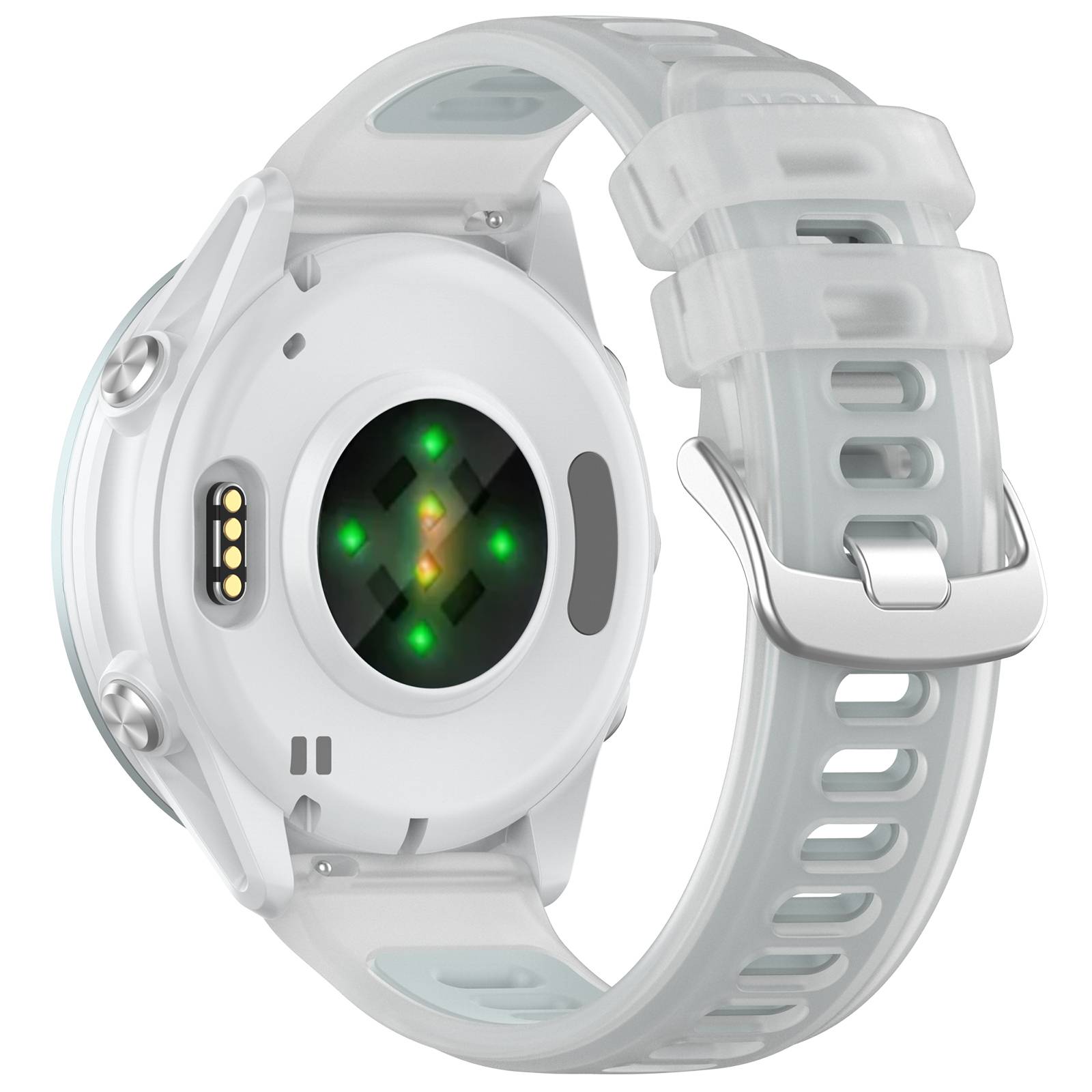Weiße Smartwatch von hinten gezeigt, mit einem Herzfrequenzsensor, Ladekontakten und einem durchsichtigen Silikonarmband.