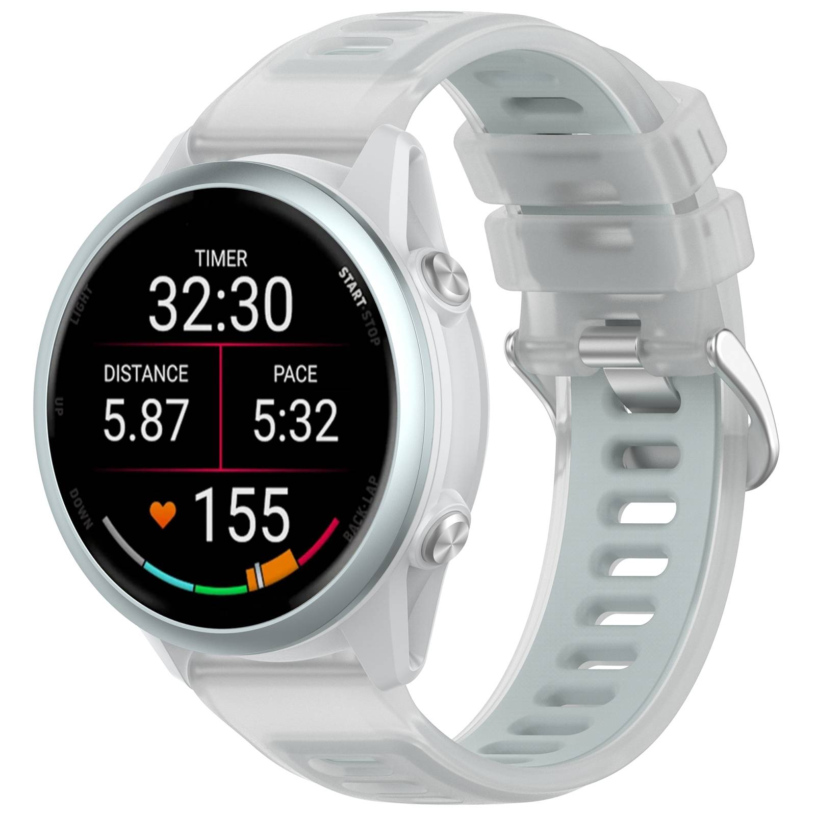 Runde Smartwatch mit durchsichtigem Armband, das einen Trainingsbildschirm anzeigt: Timer 32:30, Entfernung 5,87, Tempo 5:32 und Herzfrequenz 155.