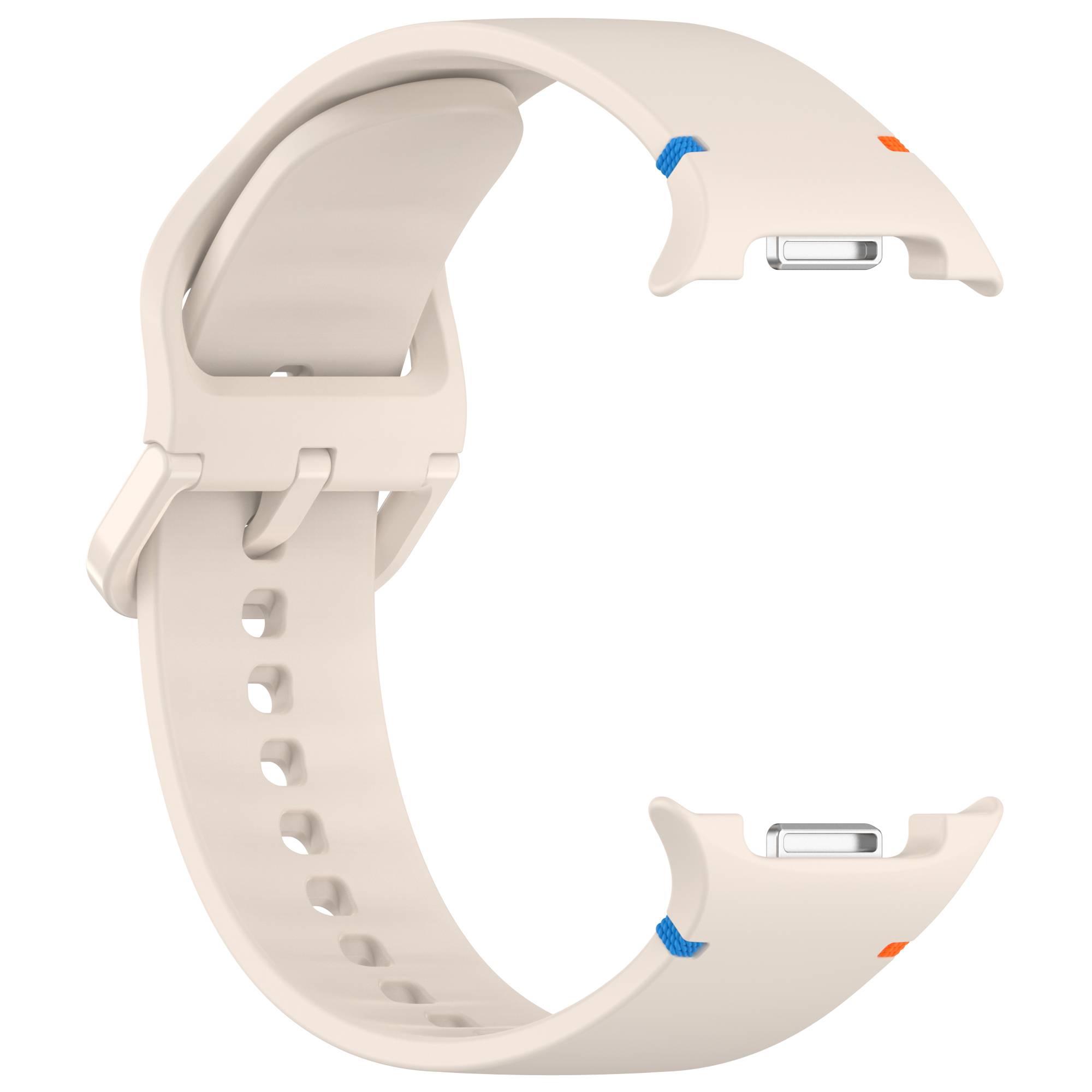 Beigefarbenes Smartwatch-Armband geöffnet dargestellt, mit gekrümmtem Riemen und verschlossenen Enden, isoliert auf weißem Hintergrund.