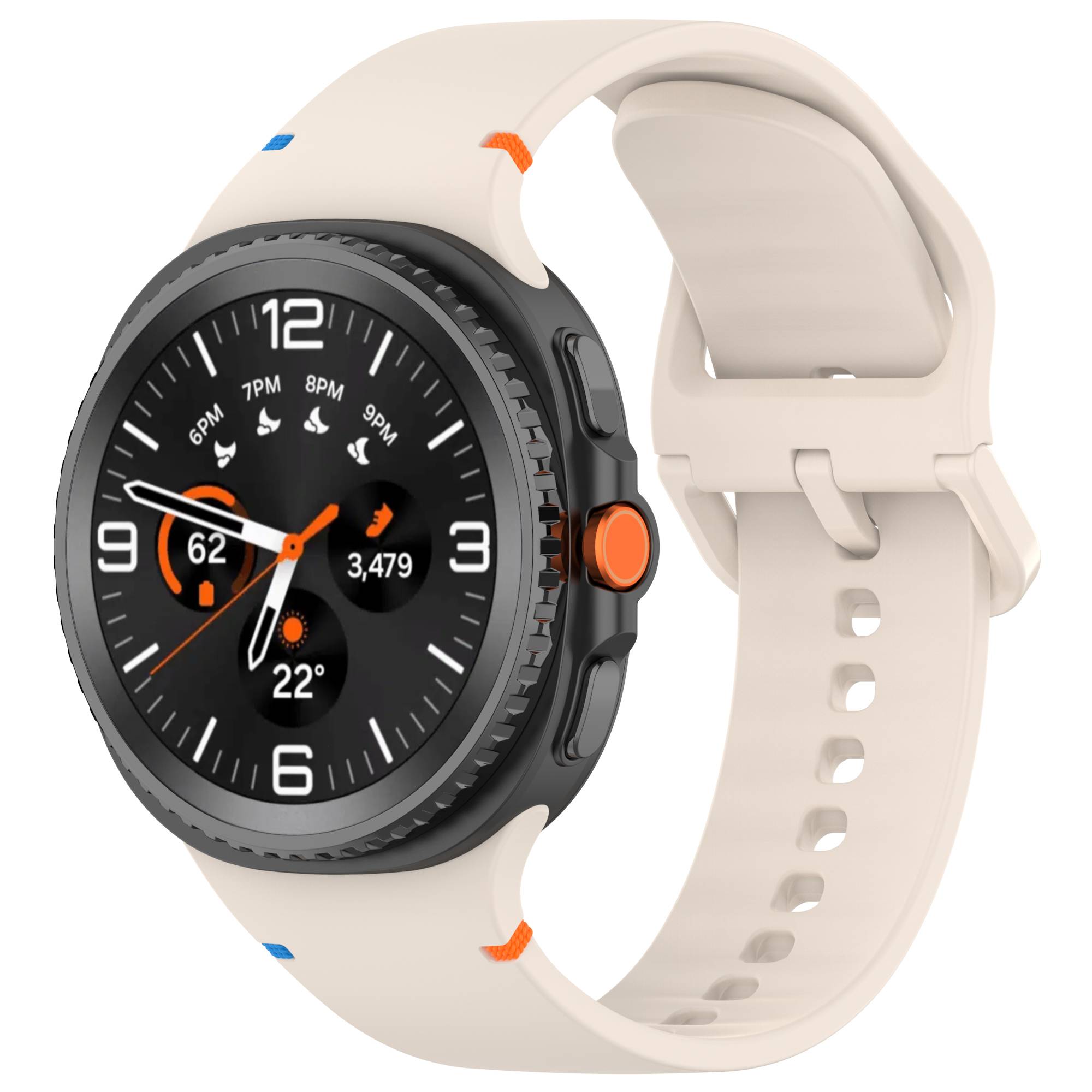 Beige-Smartwatch mit schwarzem rundem Display, das die Uhrzeit, das Wetter bei 22°, Schritte 3.479 und Fitness-Indikatoren anzeigt.