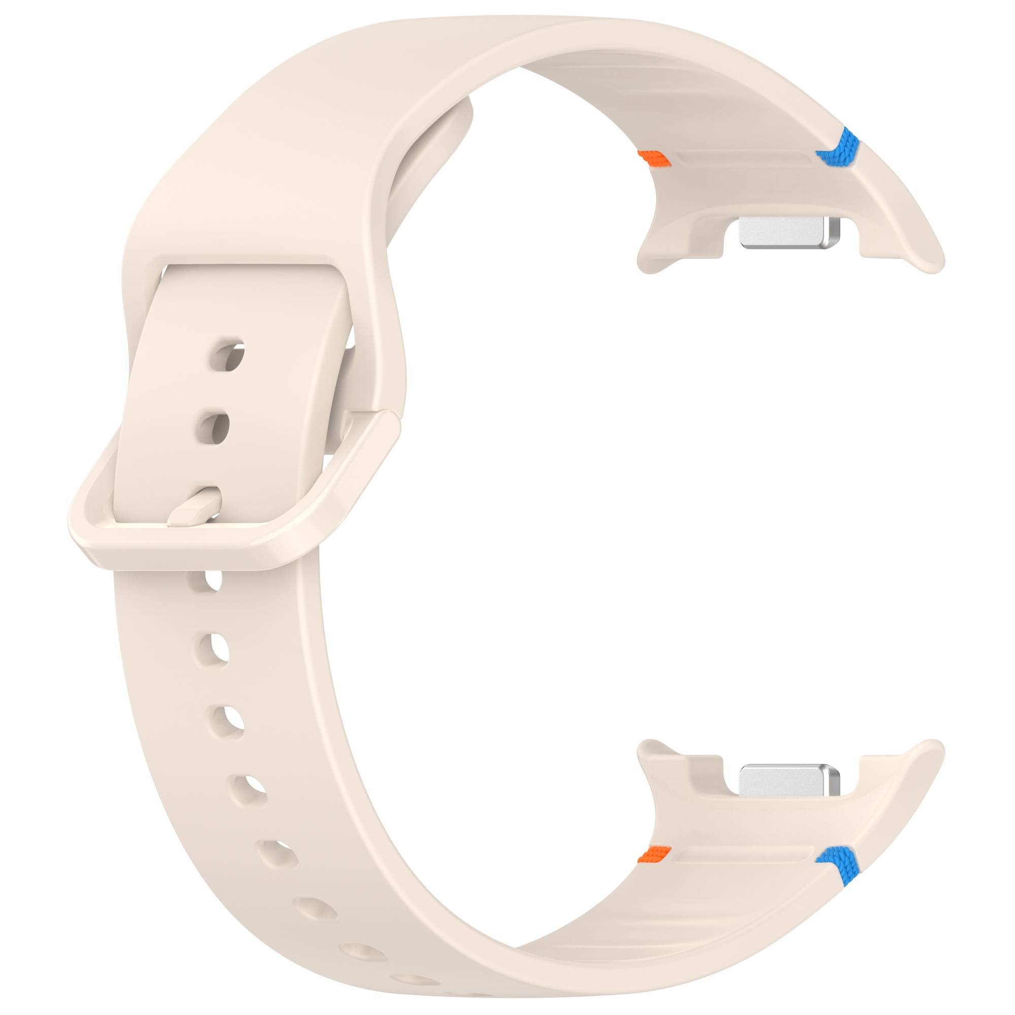 Beige Smartwatch-Armband oder -Riemen mit gebogenen Enden und mehreren Verstelllöchern, isoliert auf weißem Hintergrund dargestellt.