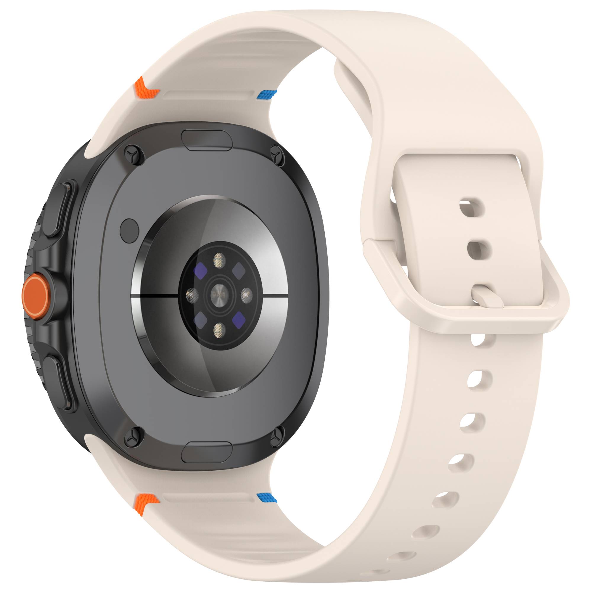 Rückansicht einer beige Smartwatch mit rundem schwarzem Sensormodul und Silikonarmband mit Schließe.