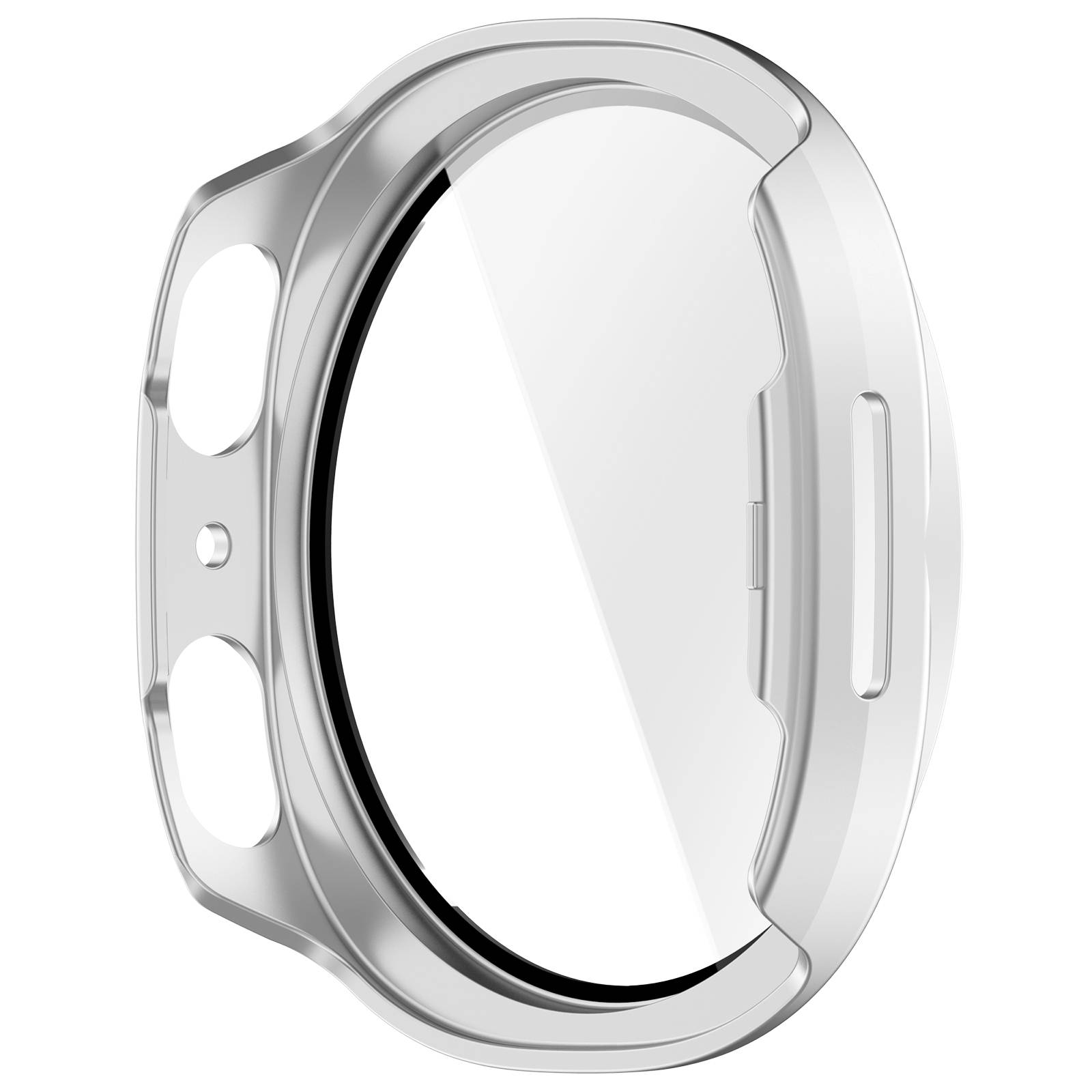 Silbernes Smartwatch-Gehäuse oder Lünette mit großer kreisförmiger Bildschirmöffnung, isoliert auf weißem Hintergrund dargestellt.