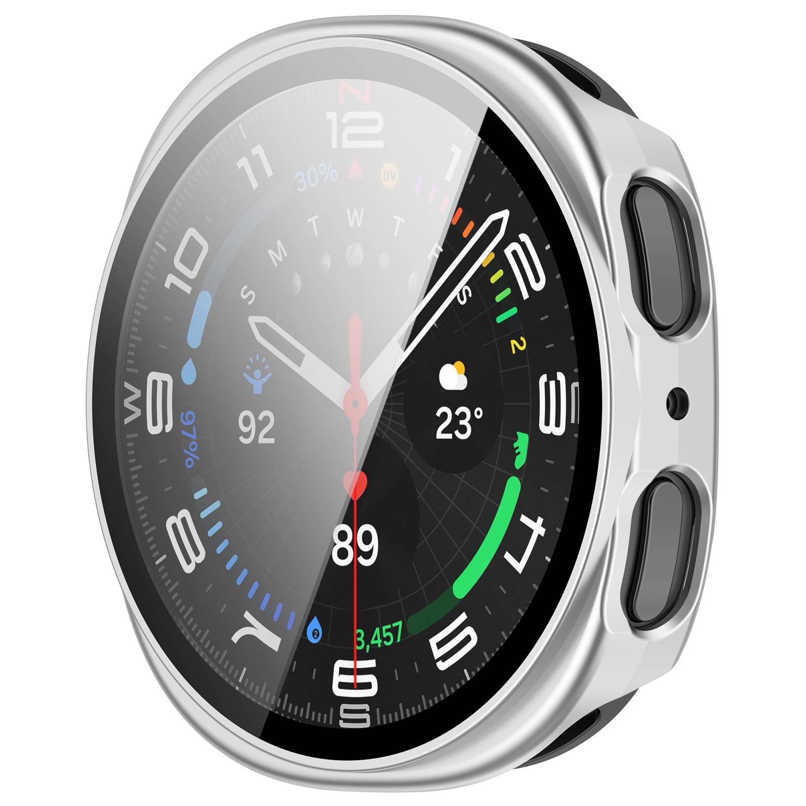 Silberne Smartwatch mit rundem schwarzem digitalem Display mit analogen und Fitness-Komplikationen, einschließlich Uhrzeit, Wetter und Gesundheitsmetriken.