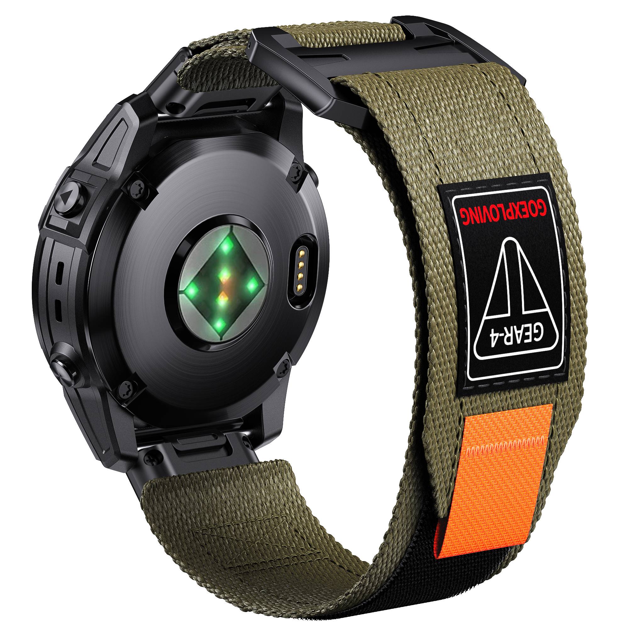 Rückseite einer schwarzen Smartwatch mit grün beleuchtetem Sensor, olivfarbenem Stoffarmband und „GEAR4" „GEAR4"" Beschriftung.