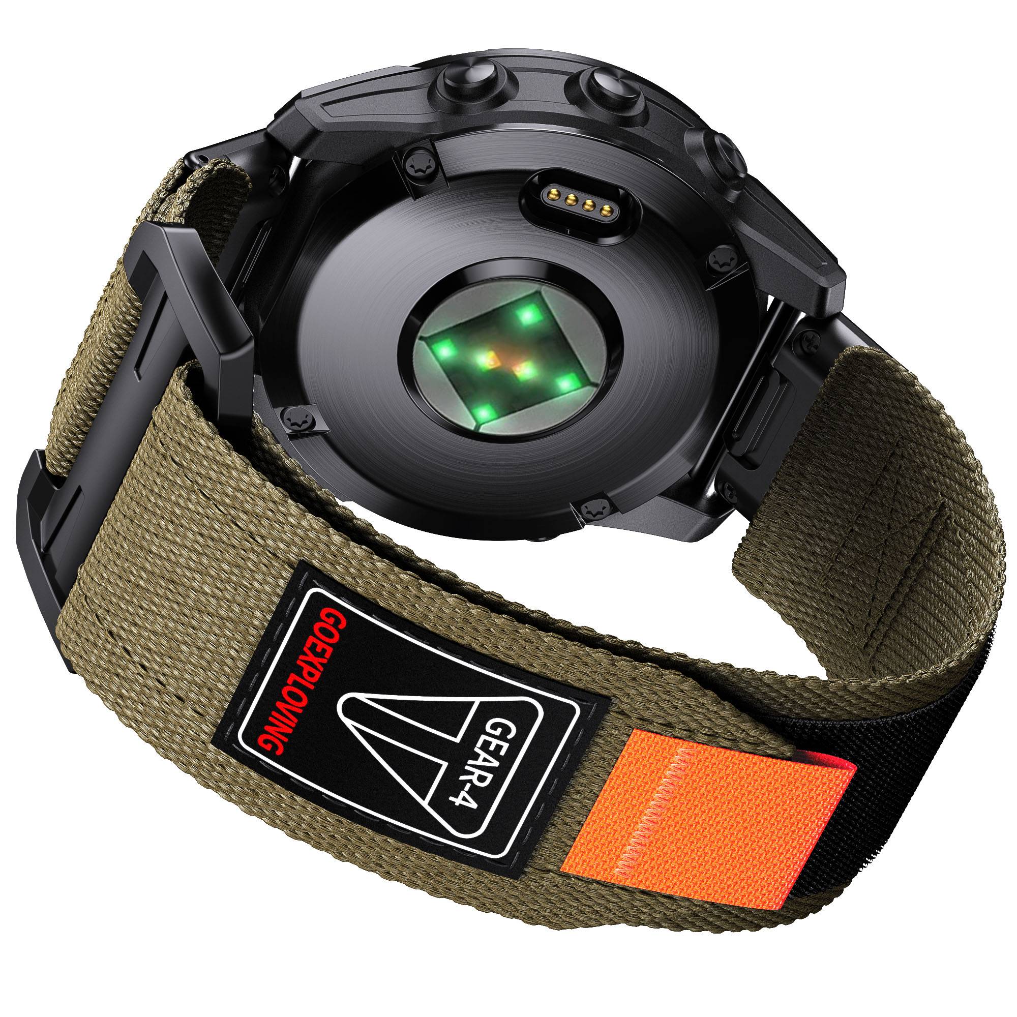 Rückansicht einer robusten schwarzen Smartwatch mit grünen Pulssensoren und einem olivfarbenen Stoffarmband mit der Aufschrift „GEAR 4"