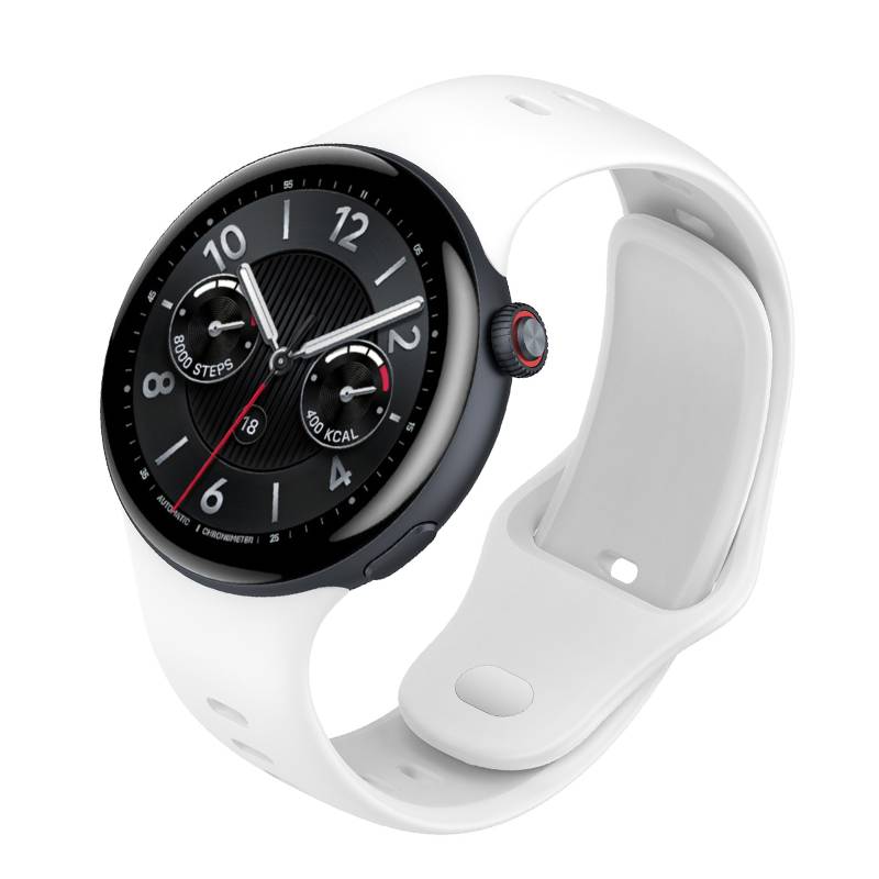 Weiße Smartwatch mit schwarzem analogem Display, roten Akzenten und Fitness-Metriken, auf weißem Armband vor neutralem Hintergrund gezeigt.