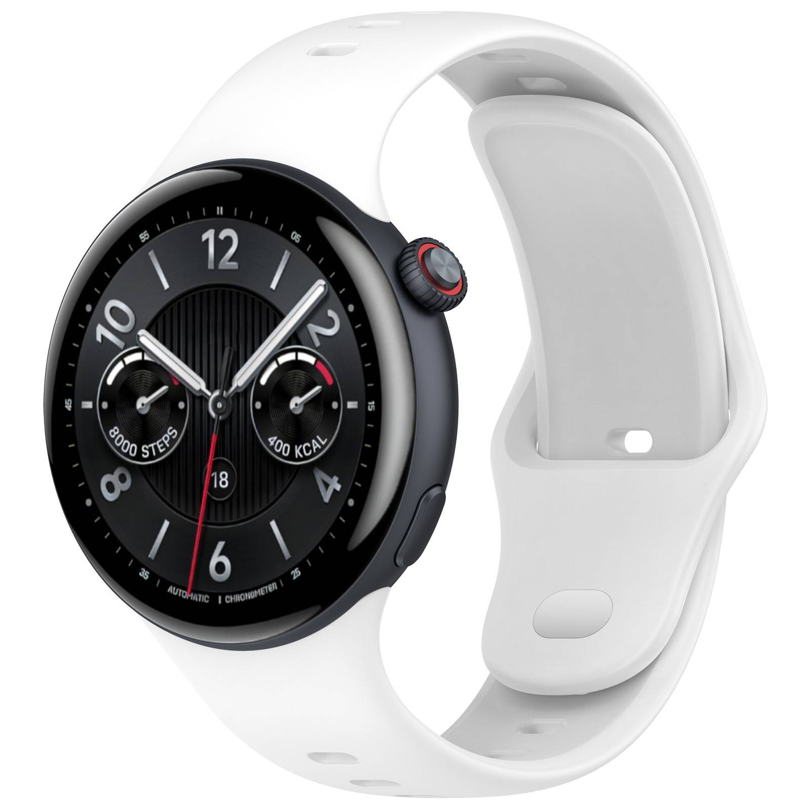 Weiße Smartwatch mit schwarzem Analogzifferblatt, rot akzentuierter Krone und Fitness-Hilfszifferblättern, die „8000 Schritte" und „400 kcal"" anzeigen.