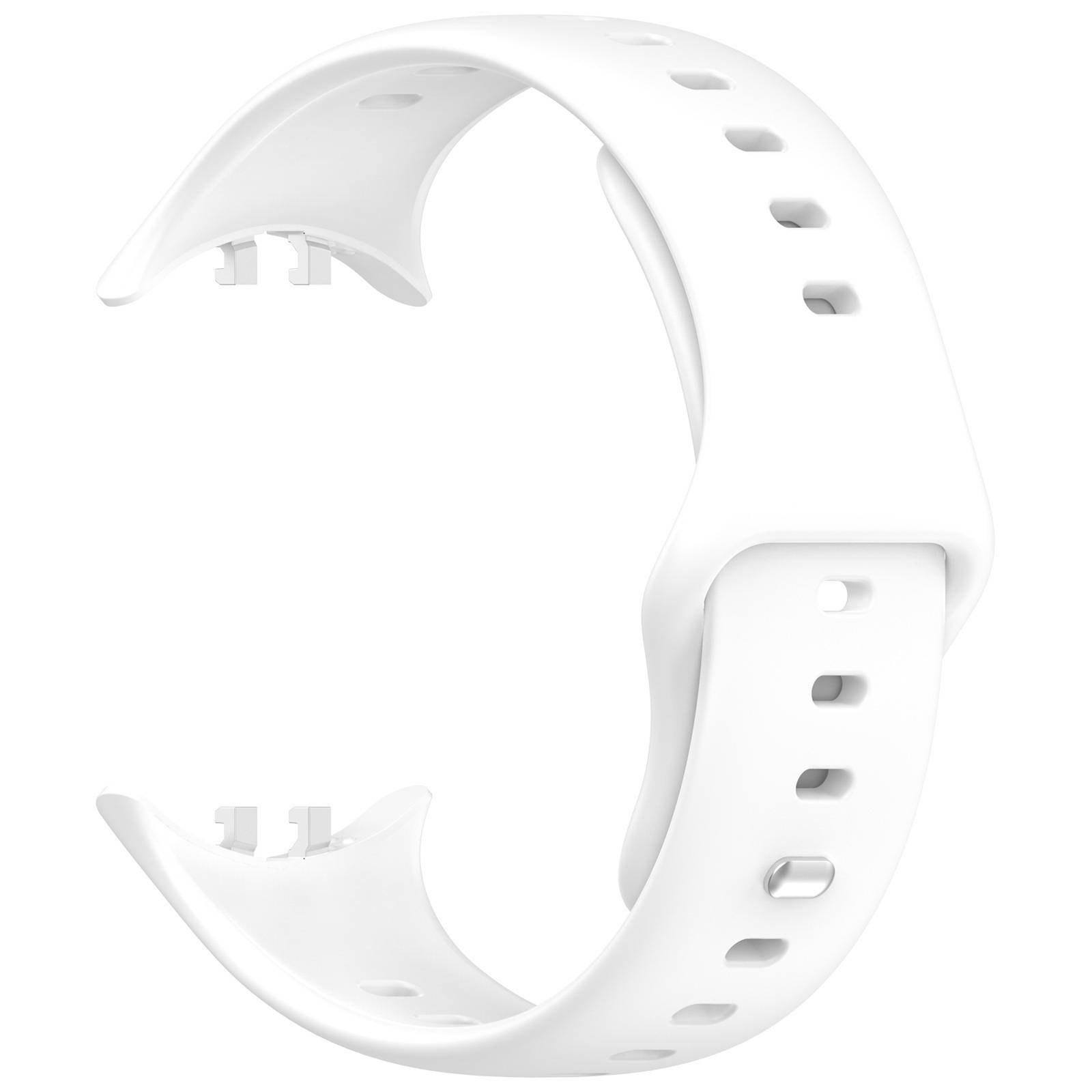 Weißes Silikon-Smartwatch-Armband mit gekrümmtem Riemen und mehreren Verstelllöchern, isoliert auf weißem Hintergrund dargestellt.