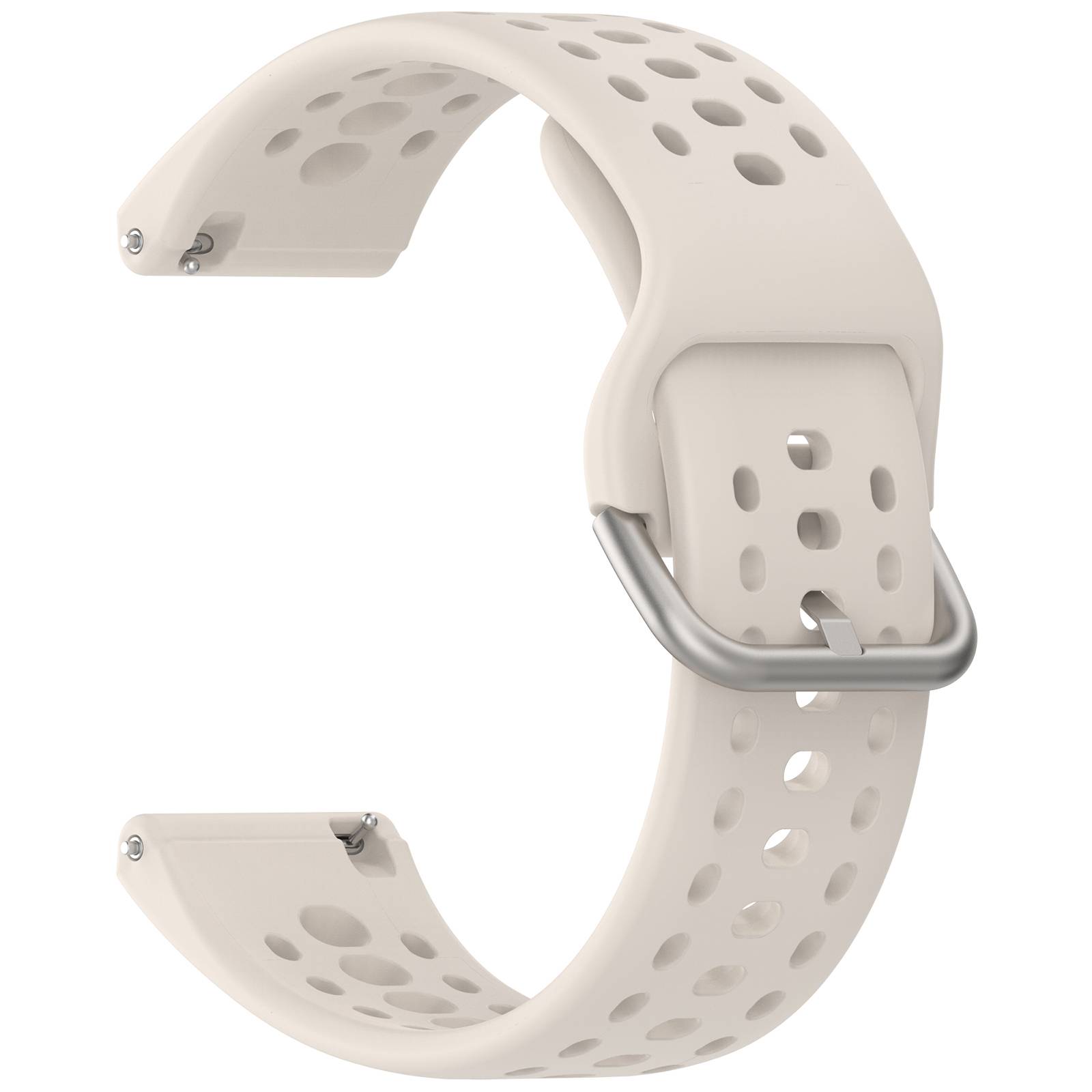 Beige perforiertes Smartwatch-Armband mit Metallschnalle, isoliert auf weißem Hintergrund dargestellt.